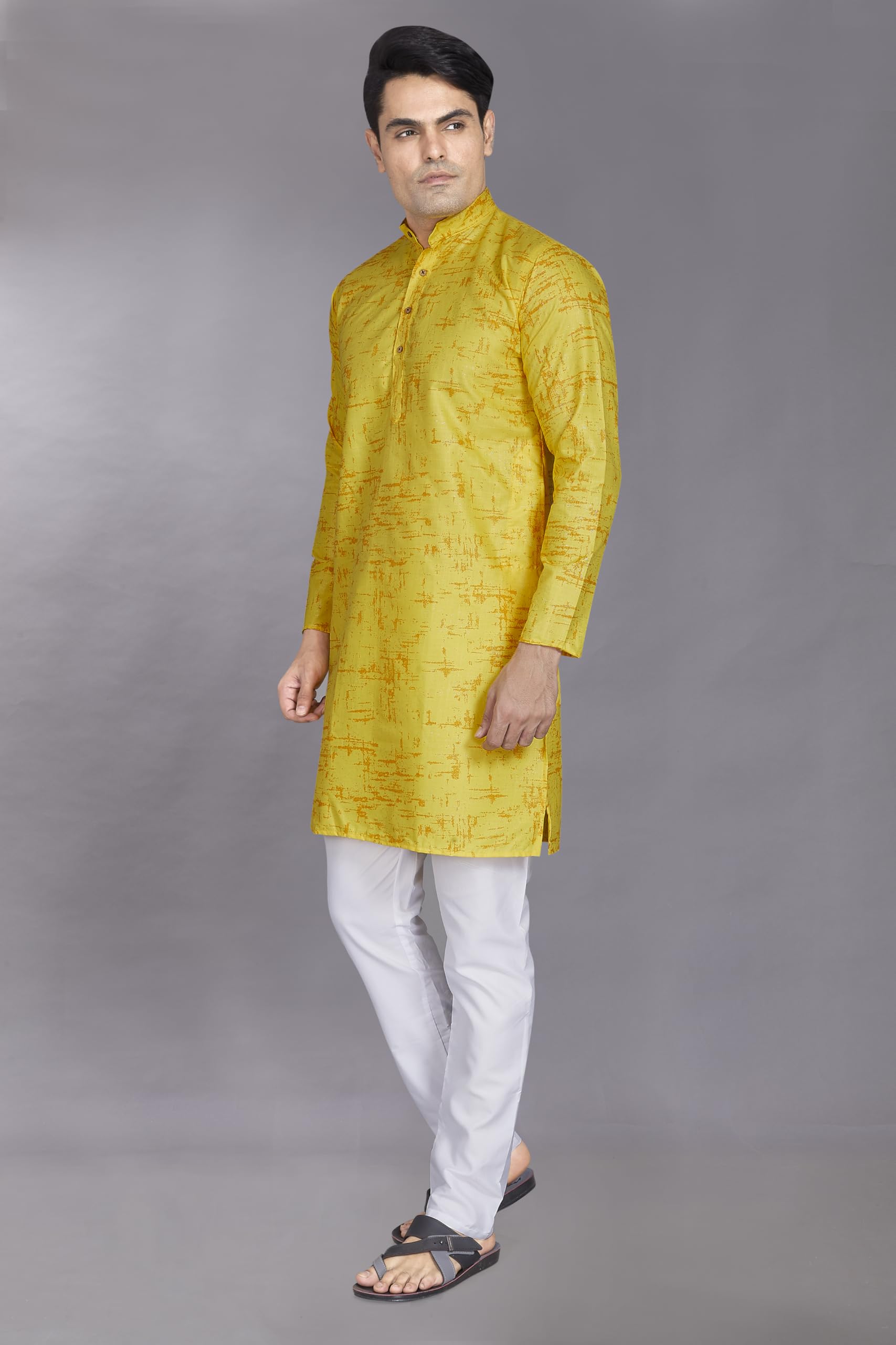 Divisive Men's Printed Cotton Blend Linen Slim Fit Kurta Pyjama Set (Dkrt874_Xl_Yellow)