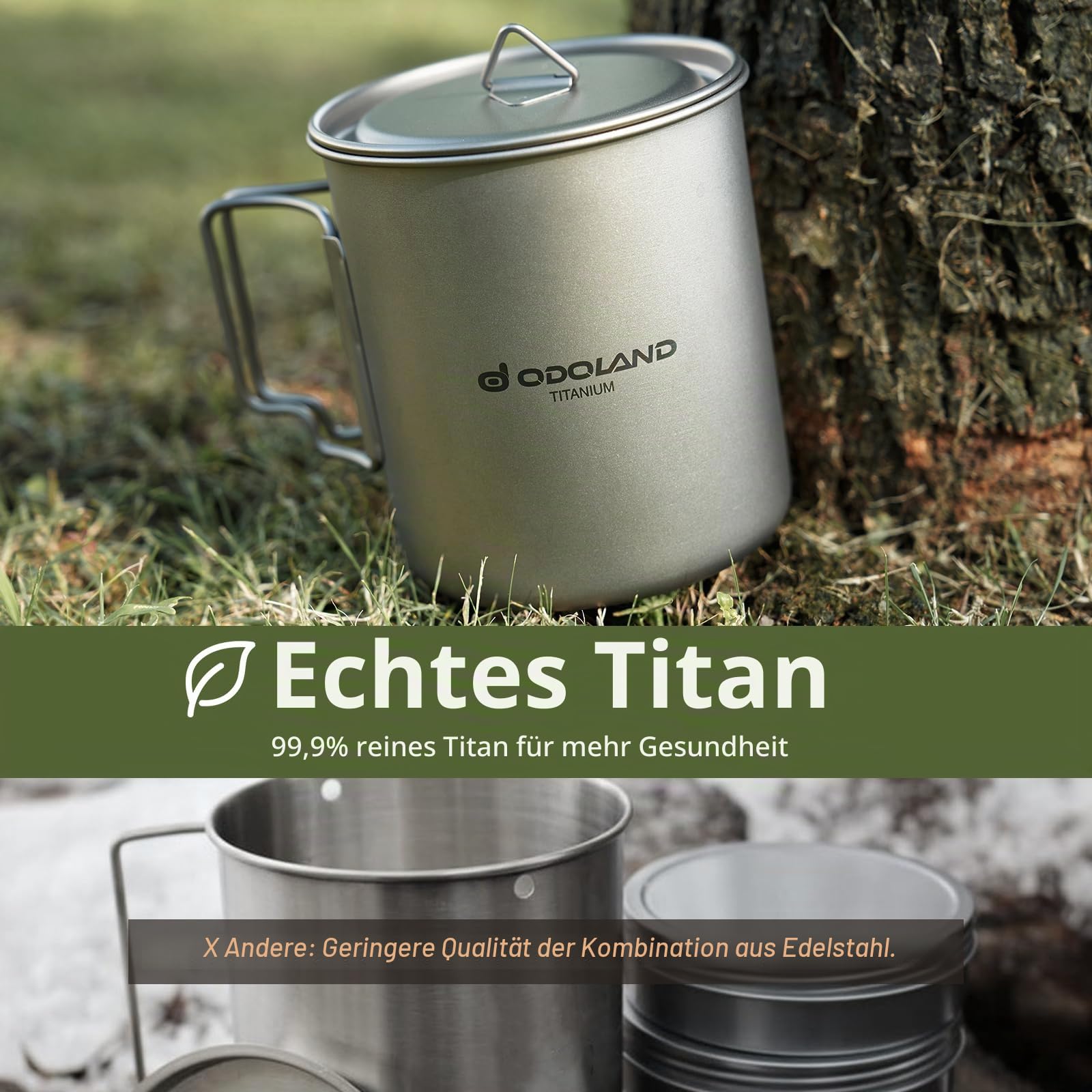 Odoland 750ML und 420ML Titanium Becher, Camping Kaffeetasse mit Deckel und Spork, klappbarer Griff für Camping, Wandern, Reisen