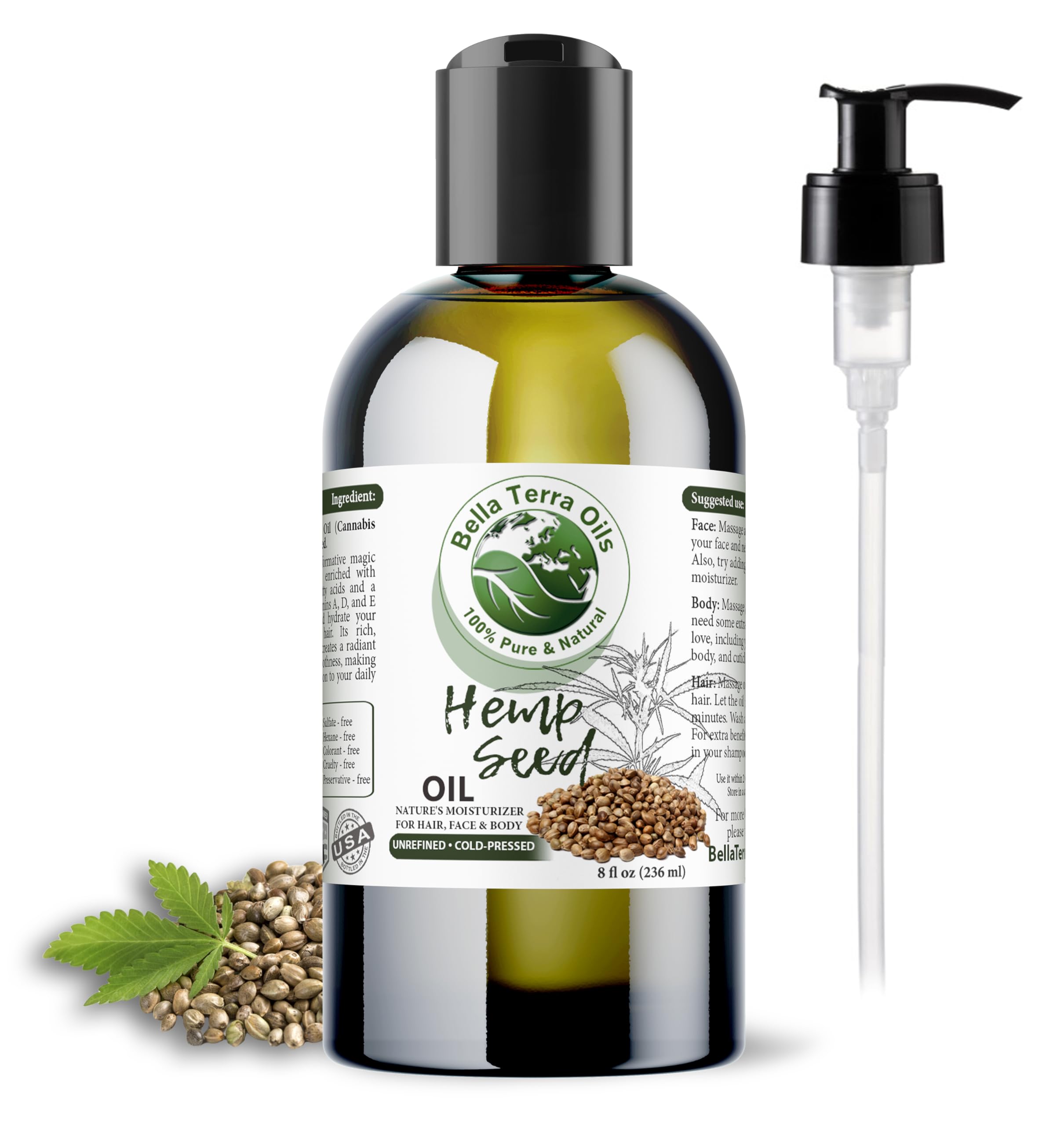 Bella Terra Oils - Hemp Seed Oil 8 oz - Cold-Pressed & Nutrient-Rich, Infused with Phytosterols, Potassium & Calcium for Skin & Hair Care