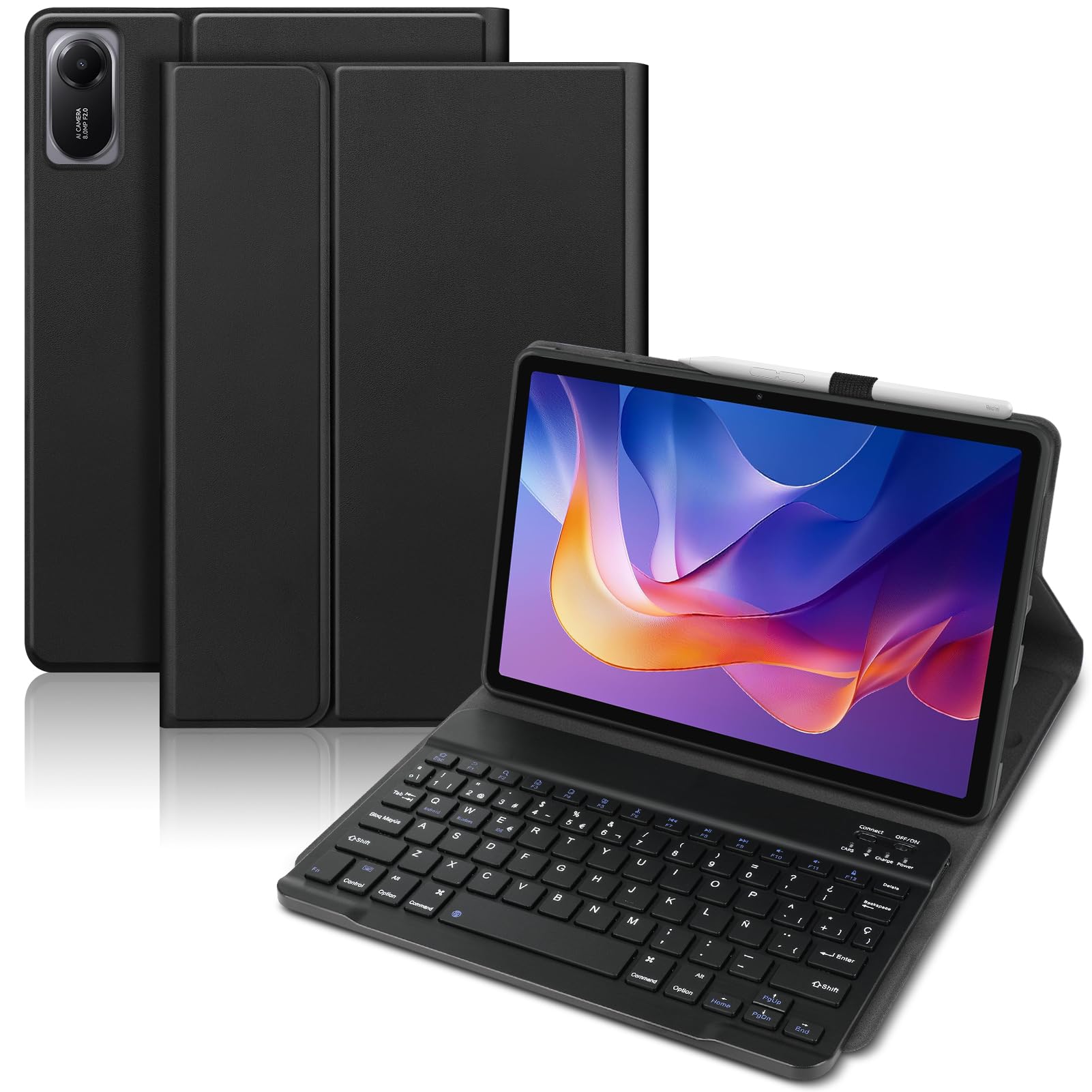 Funda con Teclado para Xiaomi Redmi Pad 2 / Redmi Pad SE 11" 2023 | Teclado Bluetooth magnético desmontable con Español Ñ, funda con portalápices, para Xiaomi Redmi Pad 2 11" 2025 Negro