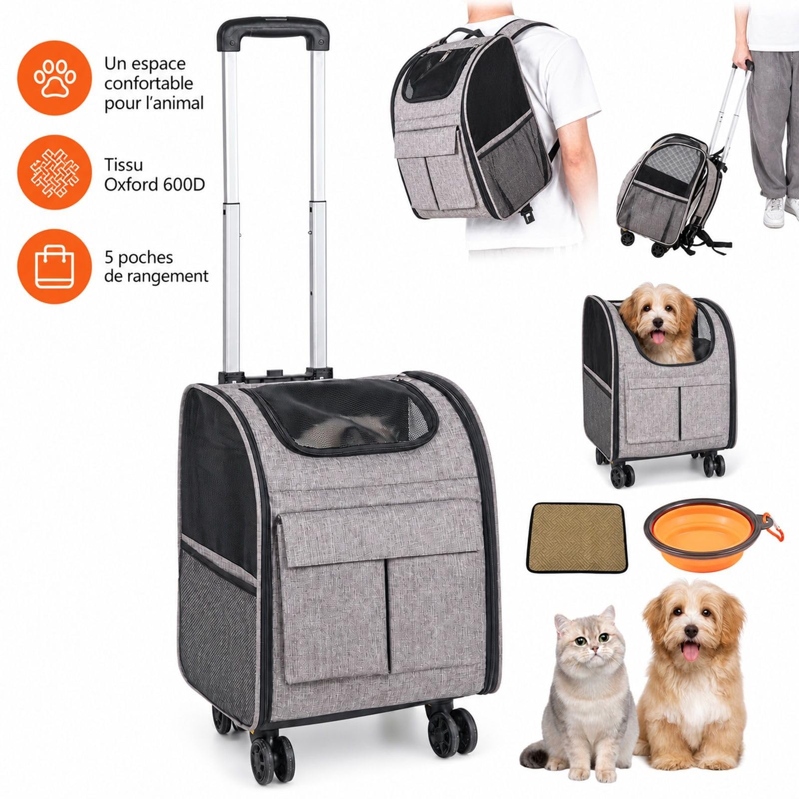 Sac de Transport à roulettes pour Chat et Chien jusqu'à 8,1 kg, Gris, avec poignée télescopique, bandoulière et gamelle Pliable