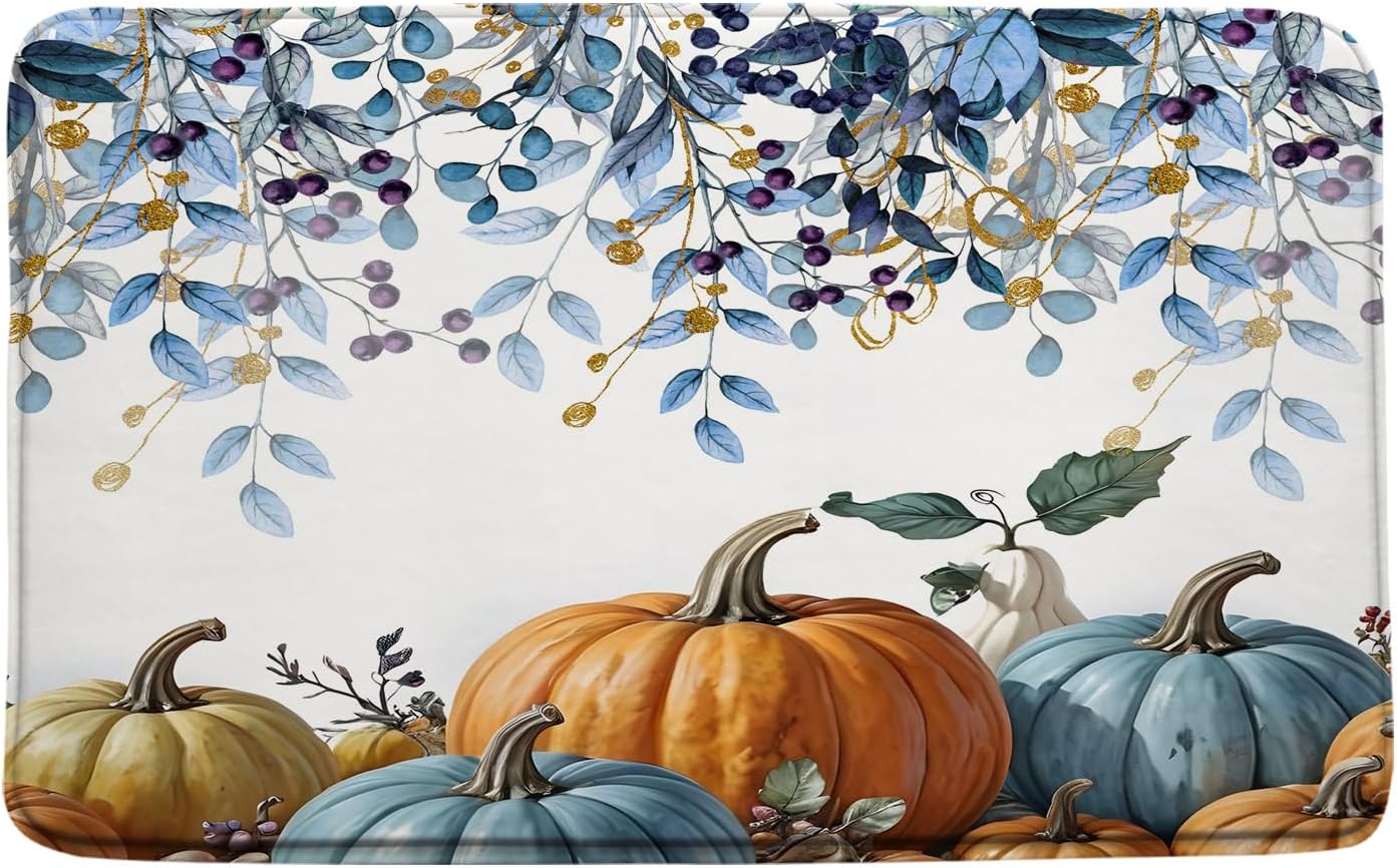 Fall Pumpkin Bath Mat Thanksgiving Watercolor Eucalyptus Leaves Autumn Pumpkin Harvest Bathroom Kitchen Rugs,19.7x31.5+16x48 Inch