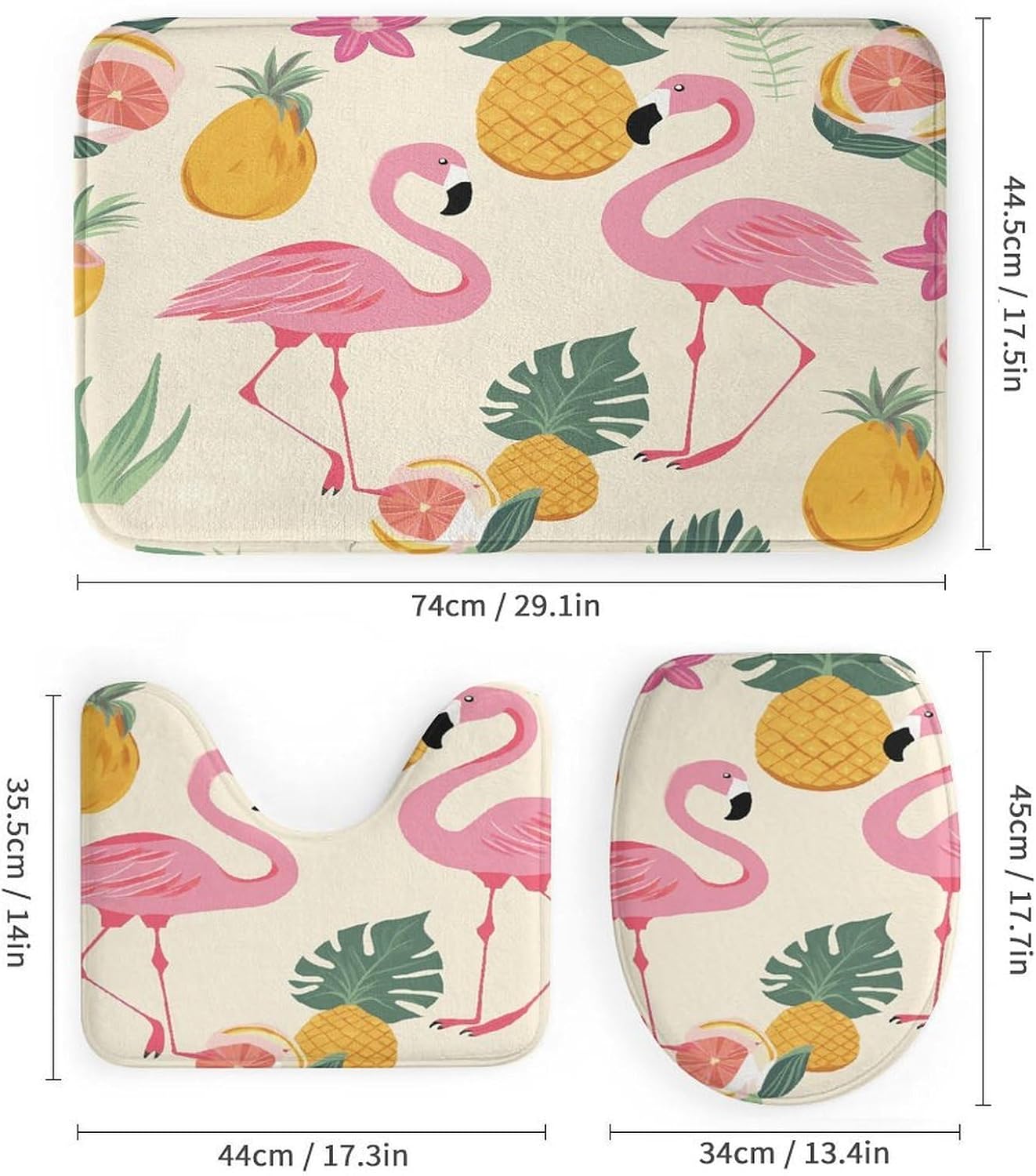 Flamingos and Pineapples 4Pcs Shower Curtain Set with Non-Slip Rugs, Toilet Lid Cover and Bath Mat,Bathroom Set Decor Accessories,Curtain Set with 12 Hooks, 72 X 72 Inch