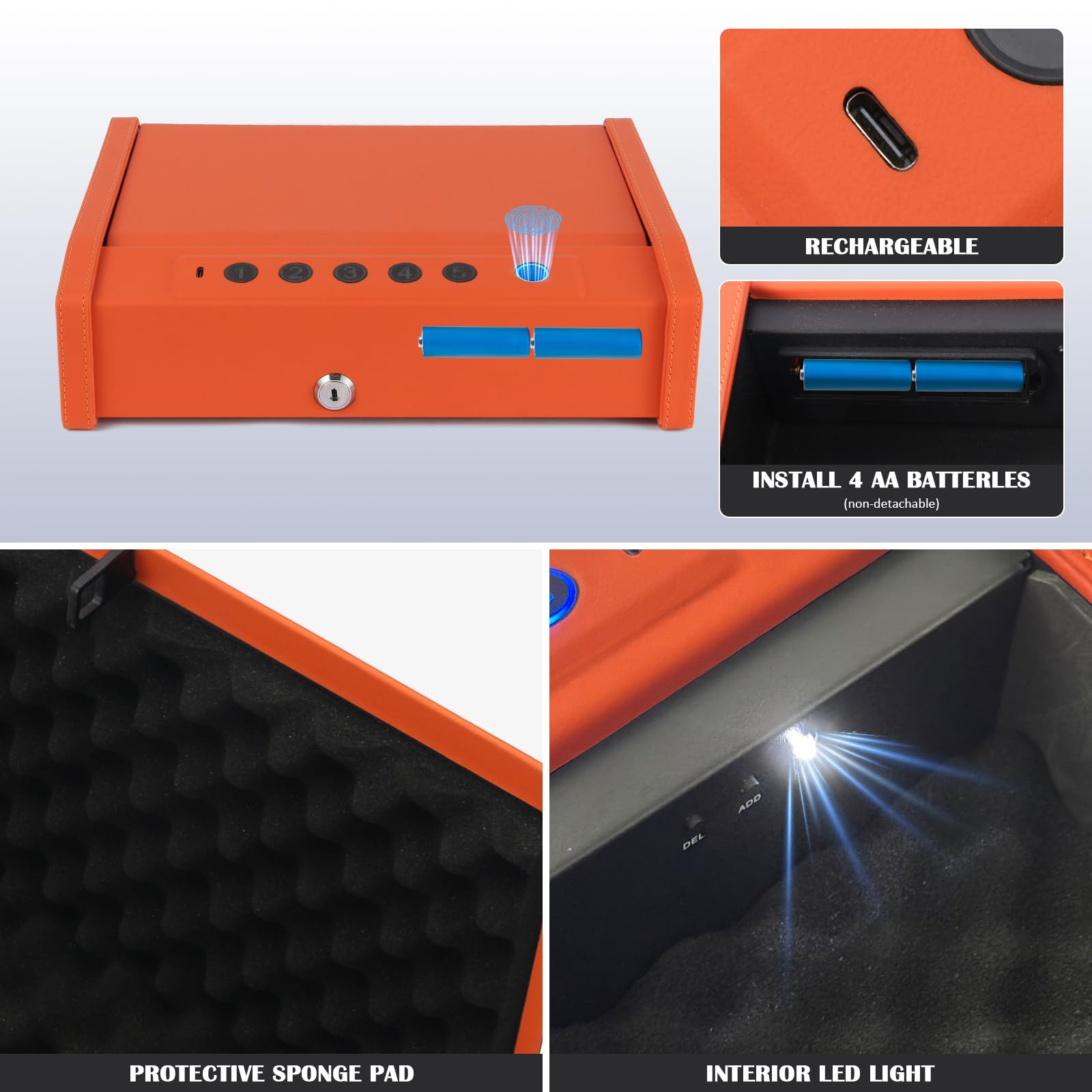 Smart Biometric Gun Safe, Acciaio al Carbonio, Arancione, Scanner di Impronte Digitali con App Control, Tastiera Digitale, Portatile con Maniglia, 15.5x11.4x4.7 Pollici, per Casa e Auto