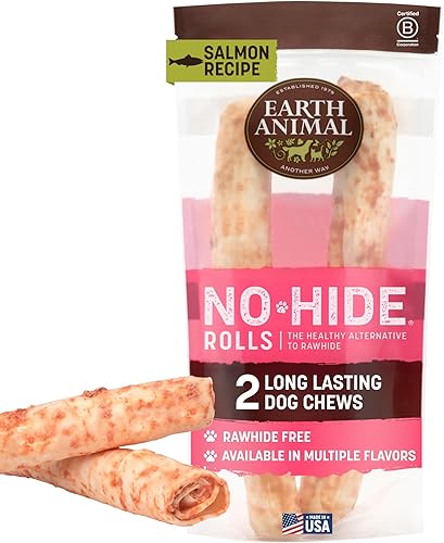EARTH ANIMAL No Hide - Palitos masticables para perros grandes con sabor a salmón natural sin cuero crudo de larga duración  Golosinas para perros