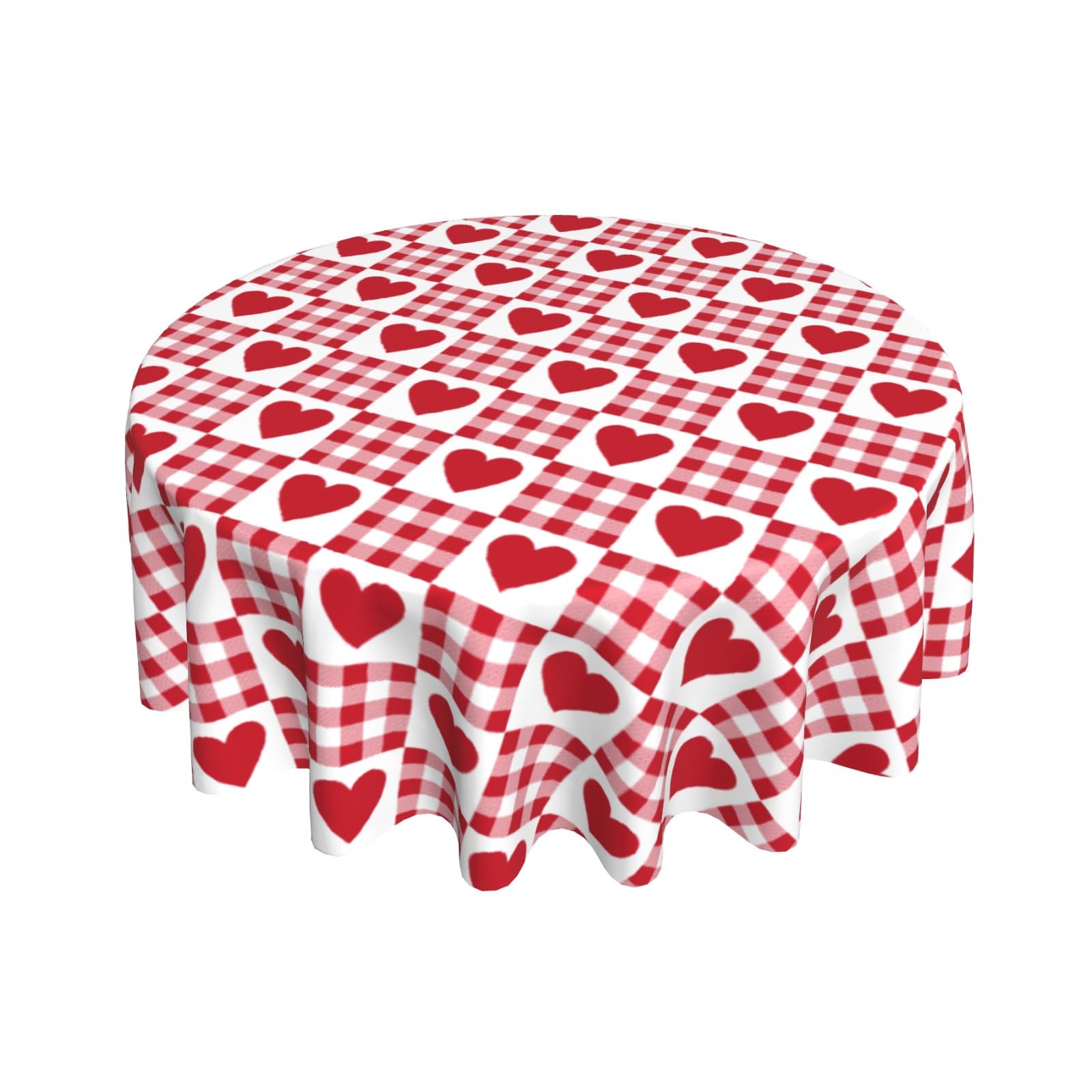 Giwawa Valentine's Day Tablecloth 60 Inch Round Red Love Hearts Buffalo Plaids Circle Table Cloth Romantic Decorative Table Cover Wrinkle Resistance