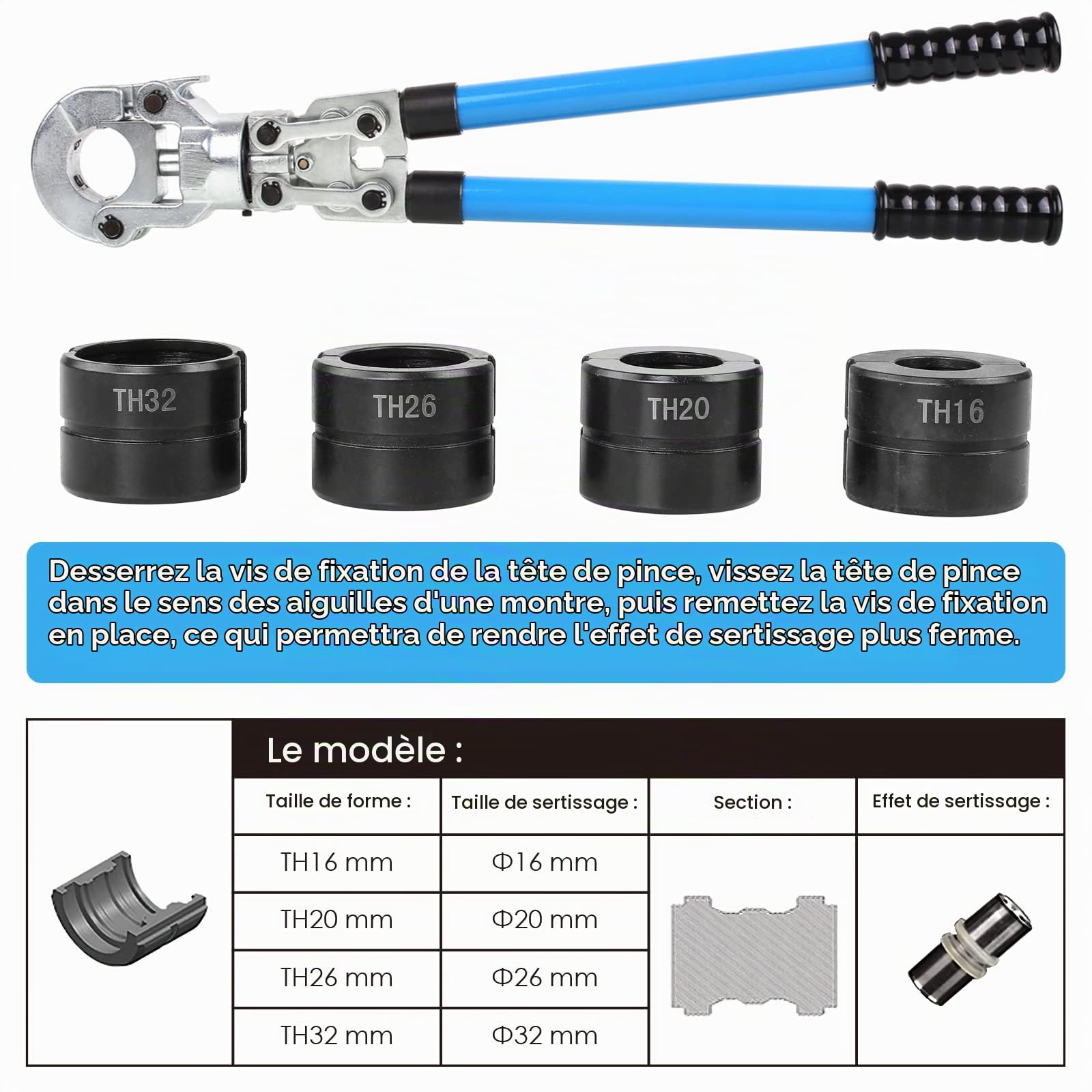 Pince Sertir Multicouche TH, Mallette Complète avec Pince à Sertir Manuelle, Matrices Φ 16, 20, 26, 32mm, Sertisseuse Multicouche pour Tube PEX/PPR