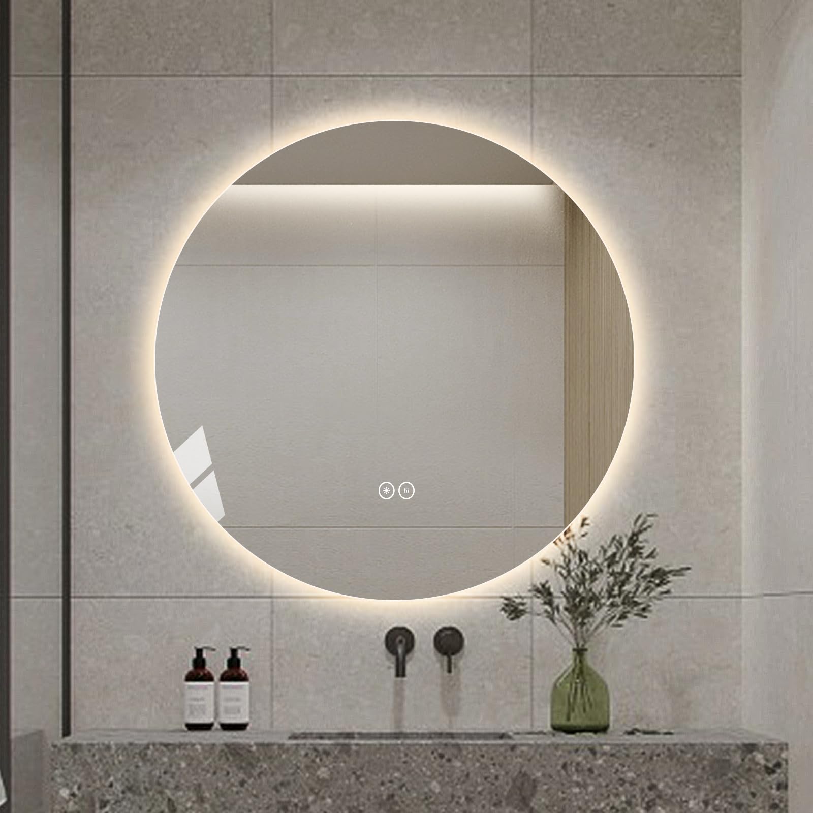 Round LED Bathroom Mirror with Light, Backlit Mirror for Bathroom, Frameless LED Smart Vanity Mirror with 3 Color Lights, Anti-Fog, Smart Touch Button