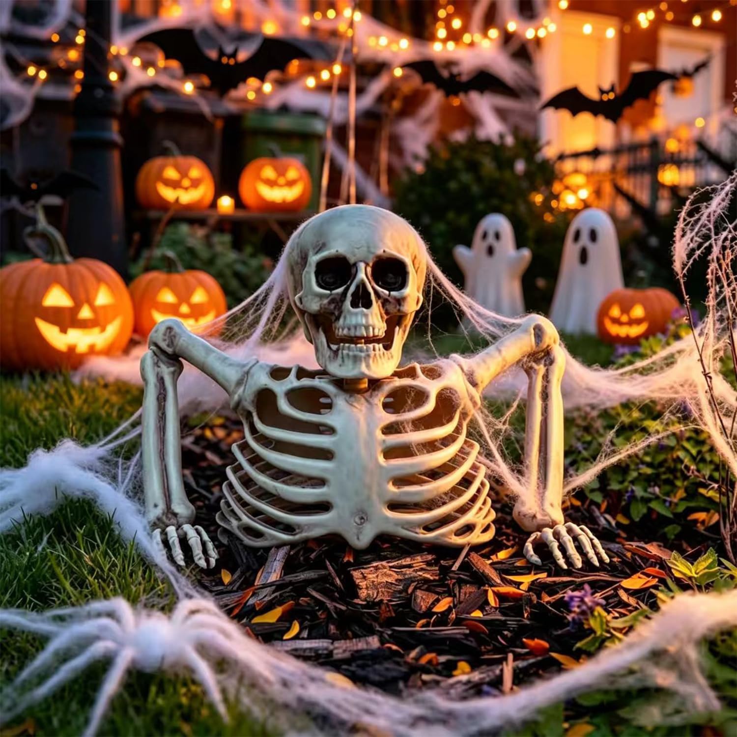 Halloween Half Body Skeleton Decoration, 2 Packs 9.45 x 8.66" Realistic Plastic Skull Skeleton with Arms, Spooky Graveyard & Haunted House Prop for Indoor/Outdoor Halloween Party, Yard, Home Decor