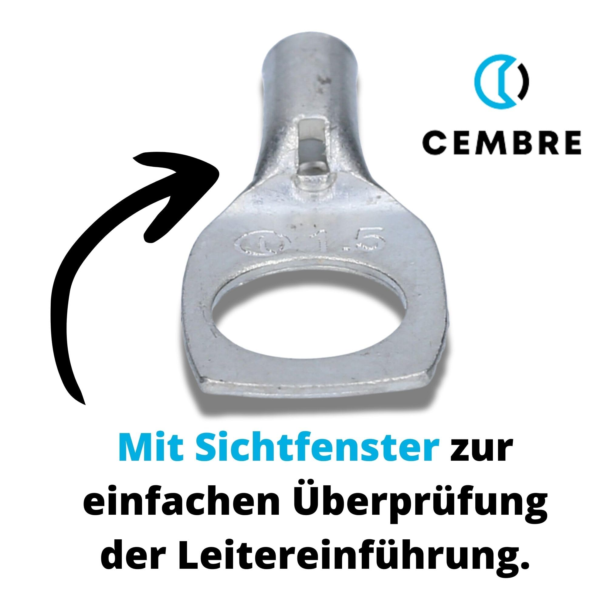 Cembre A03-M6 Lot de 10 Cosses Tubulaires 1,5 mm² M6 en Cuivre Étamé | Connecteurs à sertir non isolés avec trou de contrôle pour installation électrique, auto et moto, cuivre électrolytique