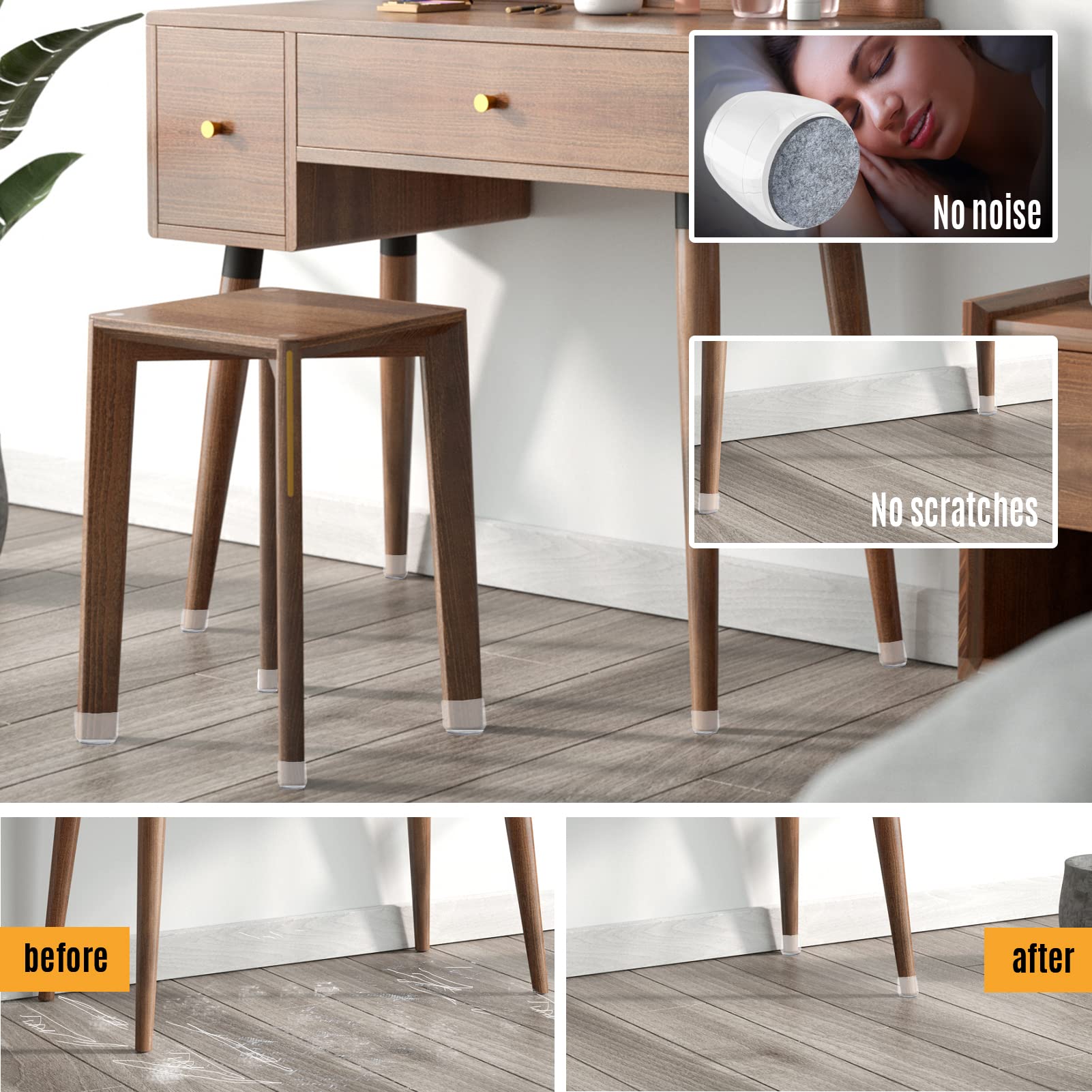 16 fundas transparentes para patas de silla, 18 piezas de fieltro multiusos, para proteger muebles de alta gama y suelos de madera contra arañazos de ruido