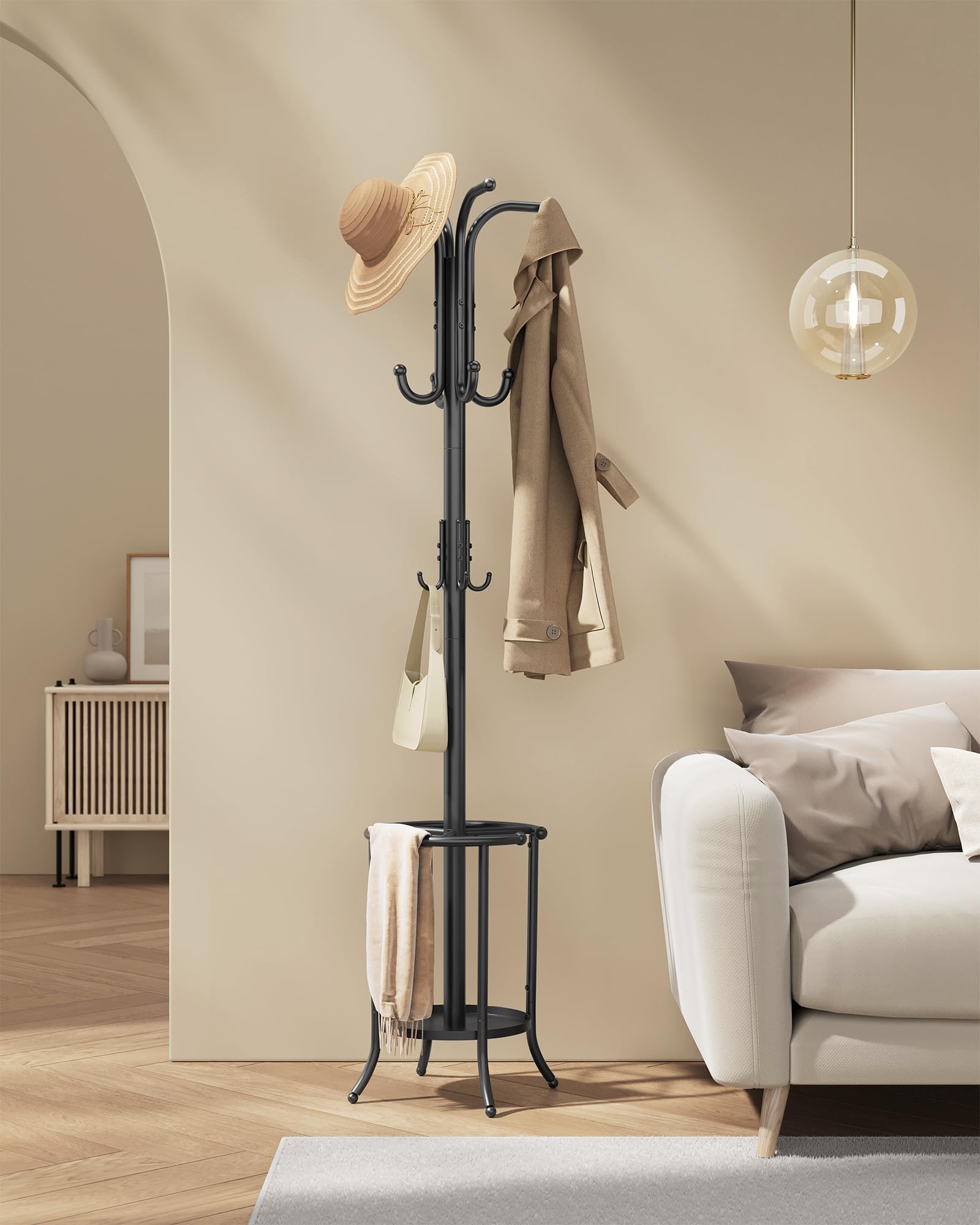 SONGMICS Porte-manteau, Portant à Vêtements avec Porte-parapluie, 12 Crochets, Structure Métallique, Hauteur 175 cm, pour Entrée, Salon, Chambre, Noir d'Encre RCR011B01
