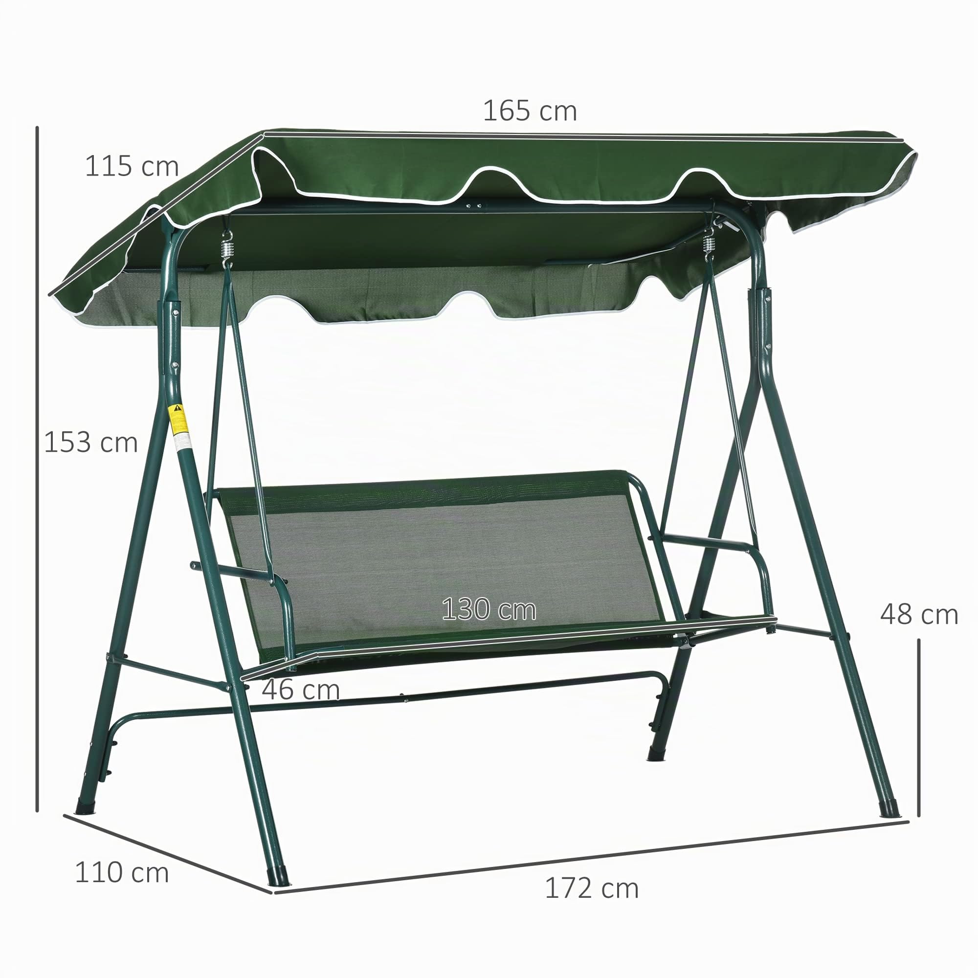 Outsunny Columpio Balancín de Jardín Exterior de 3 Plazas con Cojín Techo Ajustable y Marco de Acero para Balcón Terraza Patio Carga Máx. 300 kg 172x110x153 cm Raya Verde (84A-054V03GN)