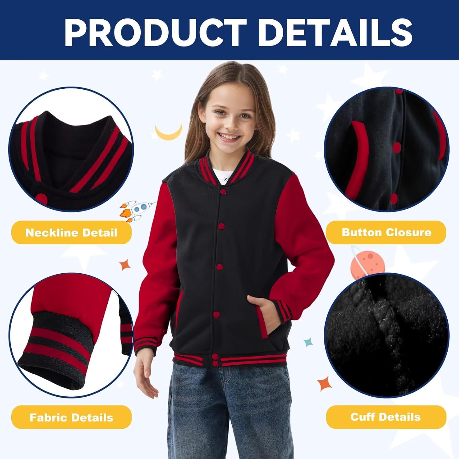 Kids Varsity Baseball Jacket Girls Boys Lightweight Cardigan Sweats Varsity Sport Team Uniforms School Coat with Pocket - Image 4