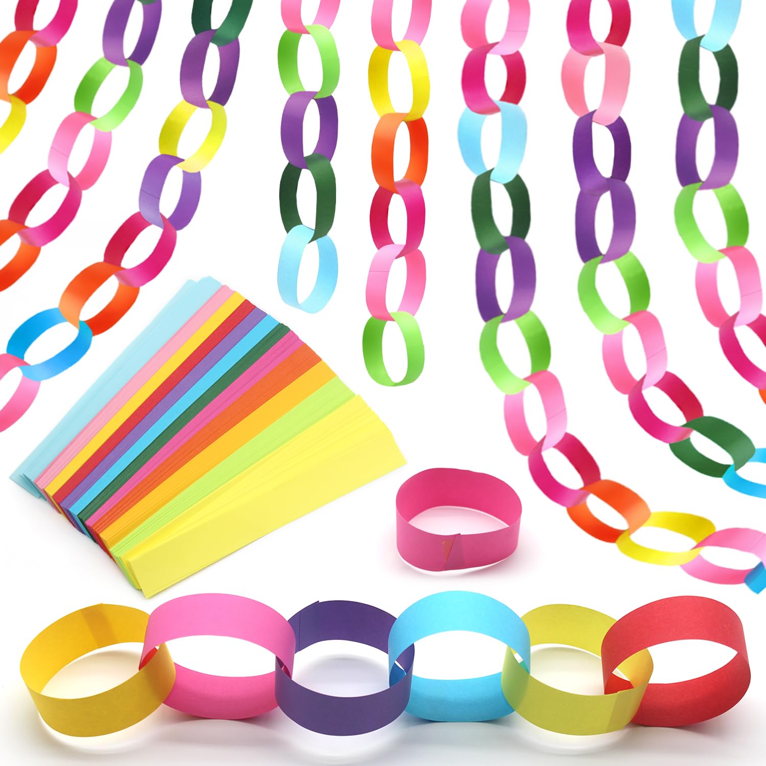 Anvin 720Pcs Vibrant Colorful Paper Chain Links Kit - 1x8 Inch Pre-Cut Strips with Double-Sided Tape for DIY Crafts, Party Decorations, and Holiday Garland(12 Colors)