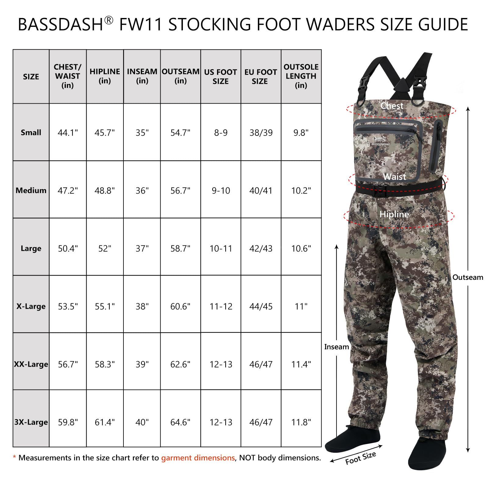 BASSDASH Men's Lightweight Breathable Chest Wader Black Camo Stockingfoot for Fly Fishing Hunting FW11