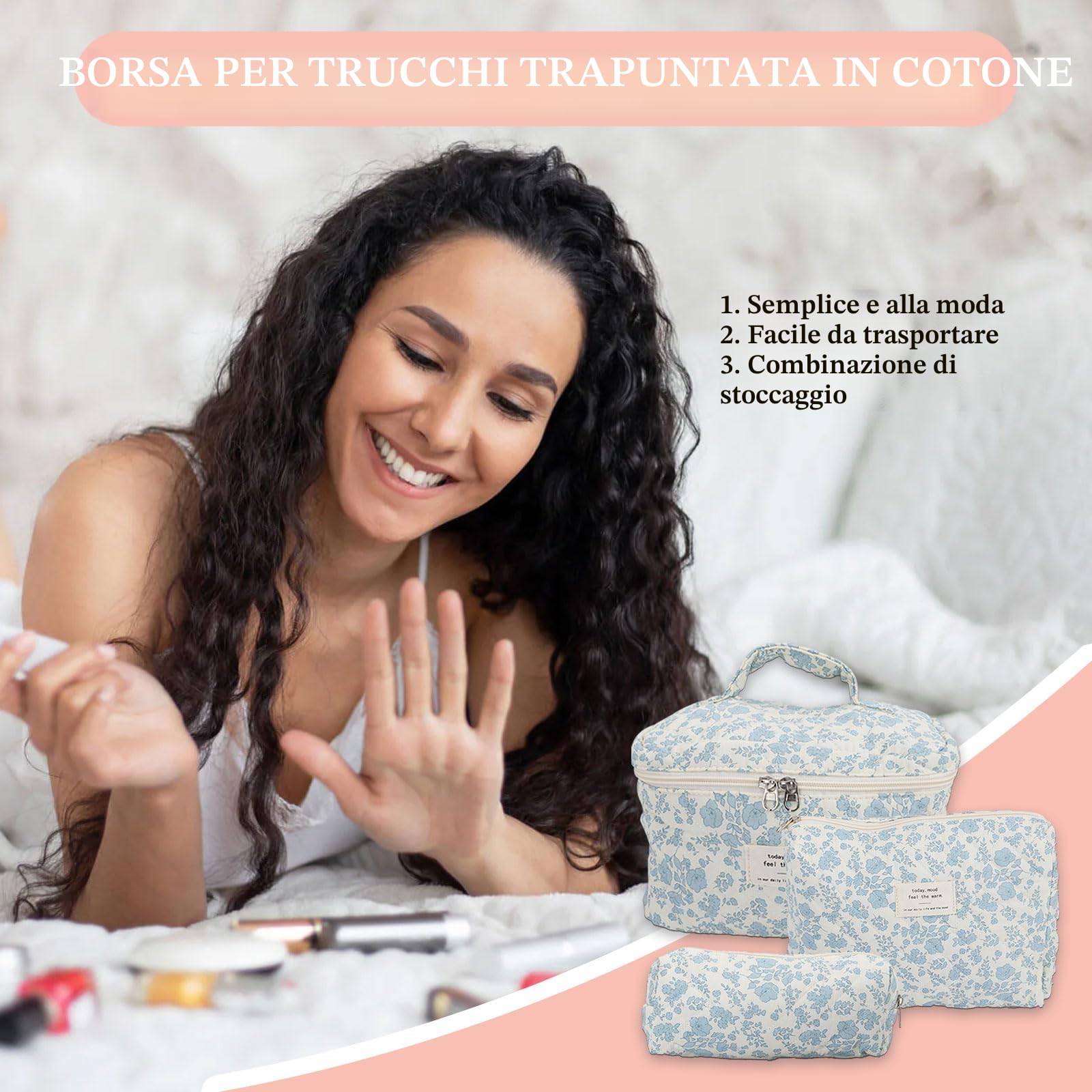 3 Pezzi Borsa Cosmetica Trapuntata, Beauty Case Da Viaggio Donna Grande Capacità Pochette Portatrucchi Viaggio Borsa Cosmetica Grande Beauty Trapuntato Grandei Da Toilette Makeup Bag Organizer
