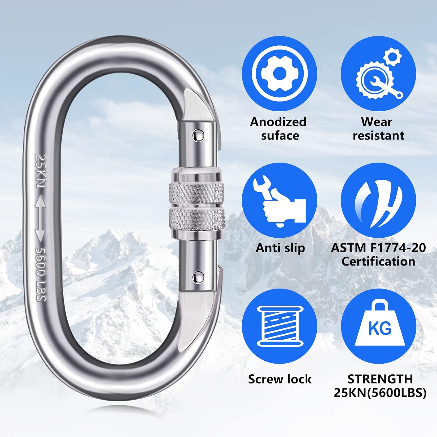 Heavy Duty Carabiner Clip Climbing Carabiner(25kn=5600lbs),Travel Essentials Hook with Screwgate Multipurpose for Climbing, Rigging, Ropes, Hammocks (O Shape, 2pack) - Image 2