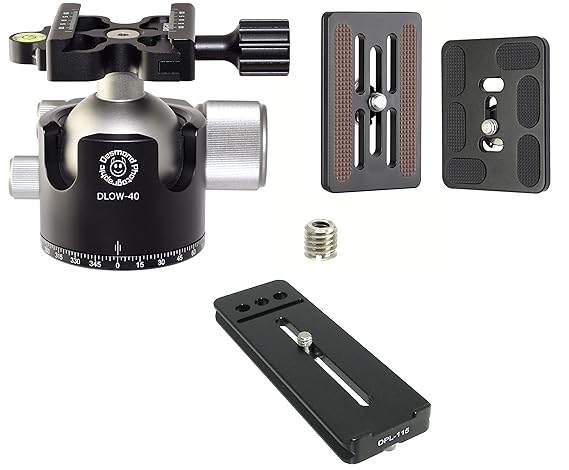 Desmond DLOW-40 Kit & 3 QR Plates 40mm Low Profile Ball Head Arca / RRS Compatible w Pan Lock for Tripod
