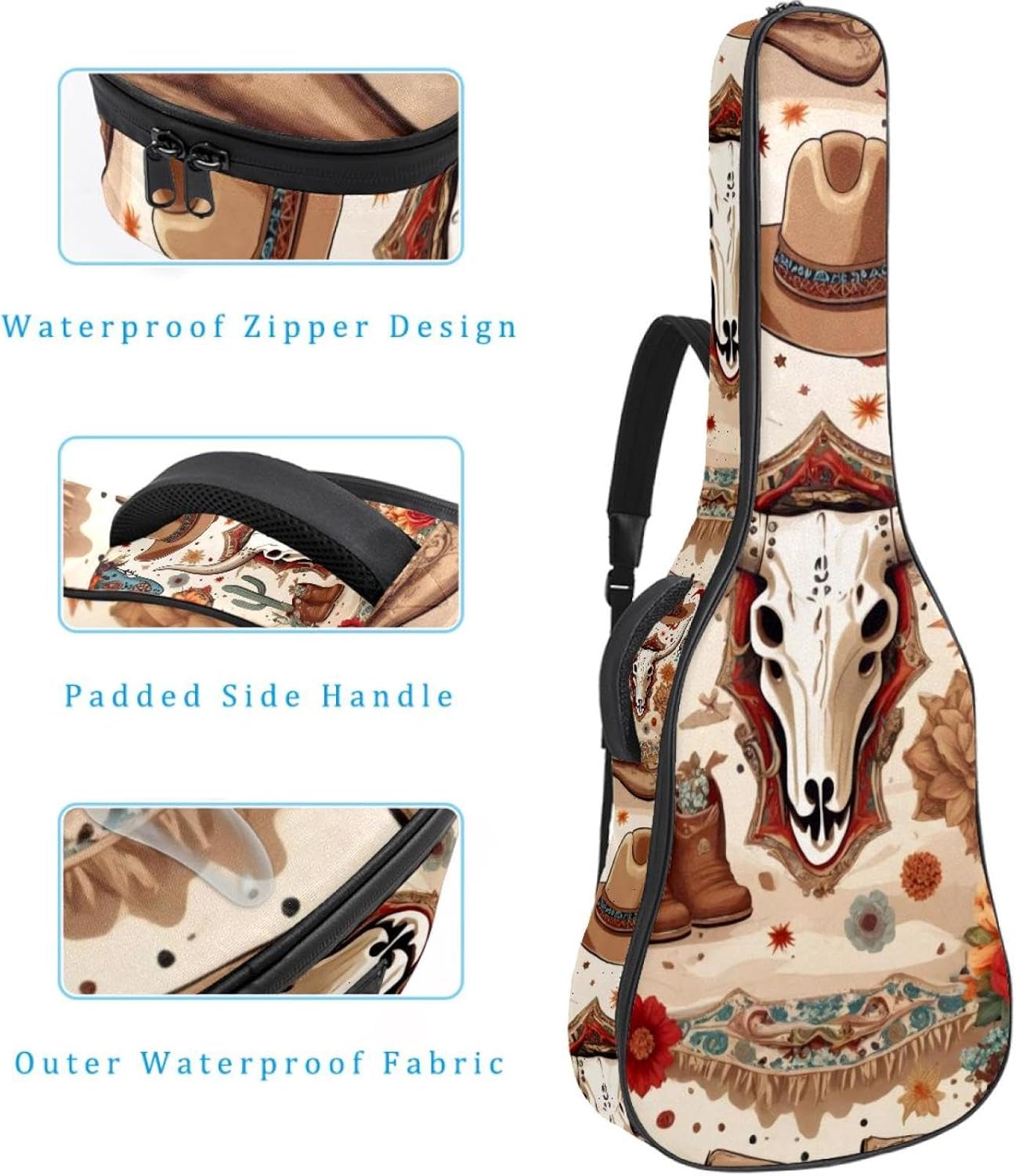 Acoustic Guitar Bag 0.4 Inch Thick Padding Waterproof Guitar Case Gig Bag for 40 41 42 Inch Electric Bass Classical Guitar, Wild West Cowboy Boot Animal Skull Cacti Arrows