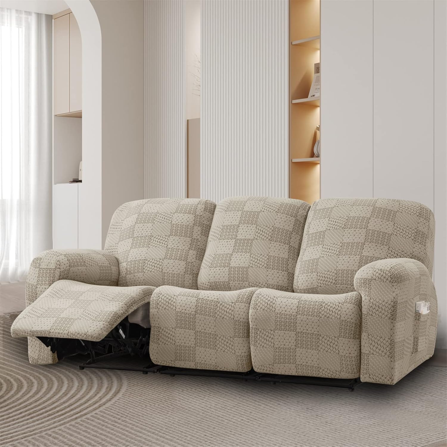 Stretch Recliner Sofa Covers for 3 Seater, 8 Pieces Recliner Sofa Slipcovers Armchair Covers Couch Furniture Protector (Sand,3 Seater)