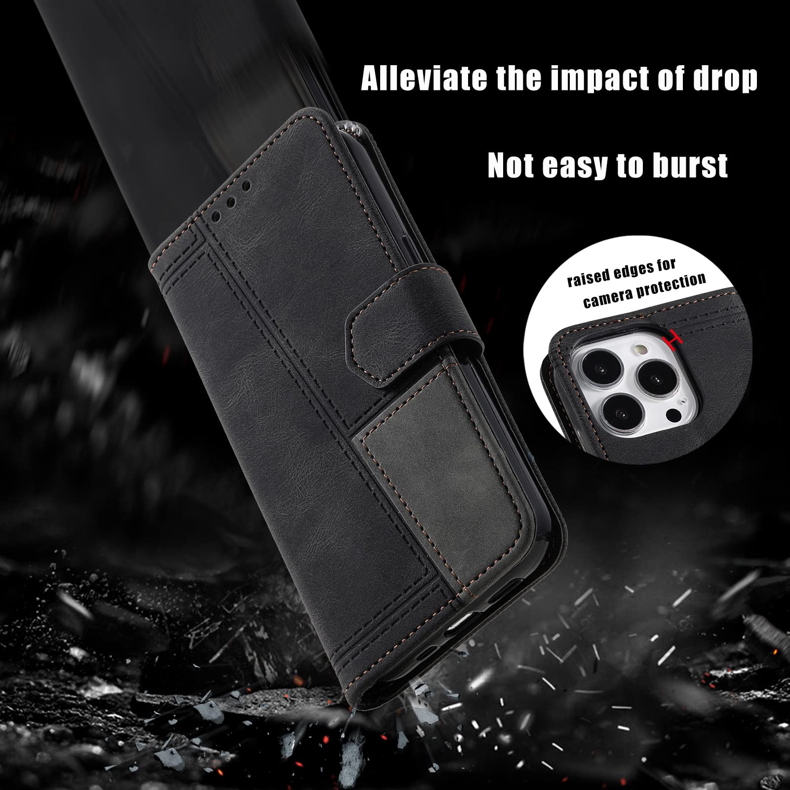 LTL Etui do iPhone 13 Mini/13/13 Pro/13 Pro Max, skóra PU pokrowiec z klapką z przegródką na karty, pasek na nadgarstek, magnetyczne zamknięcie, wbudowana podpórka etui ochronne, czarne, 13 Pro 6,1"