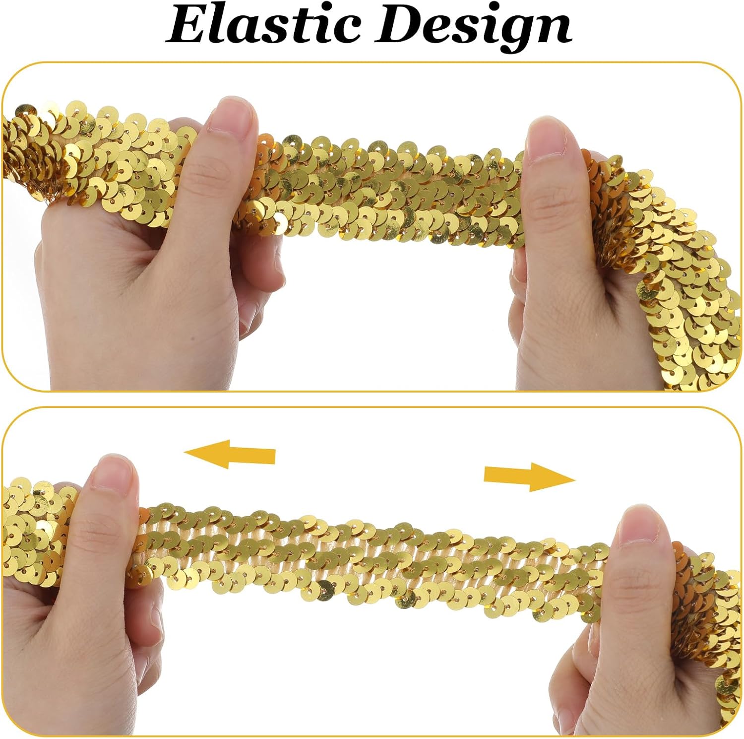 2 Pieces 11 Yard 1 Inch Elastic Gold Sequins Trim 3 Row Flat Glitter Sequin Bling Fabric Paillette Ribbon Trim Metallic Stretch Crafts Elastic Lace for Dress Embellish