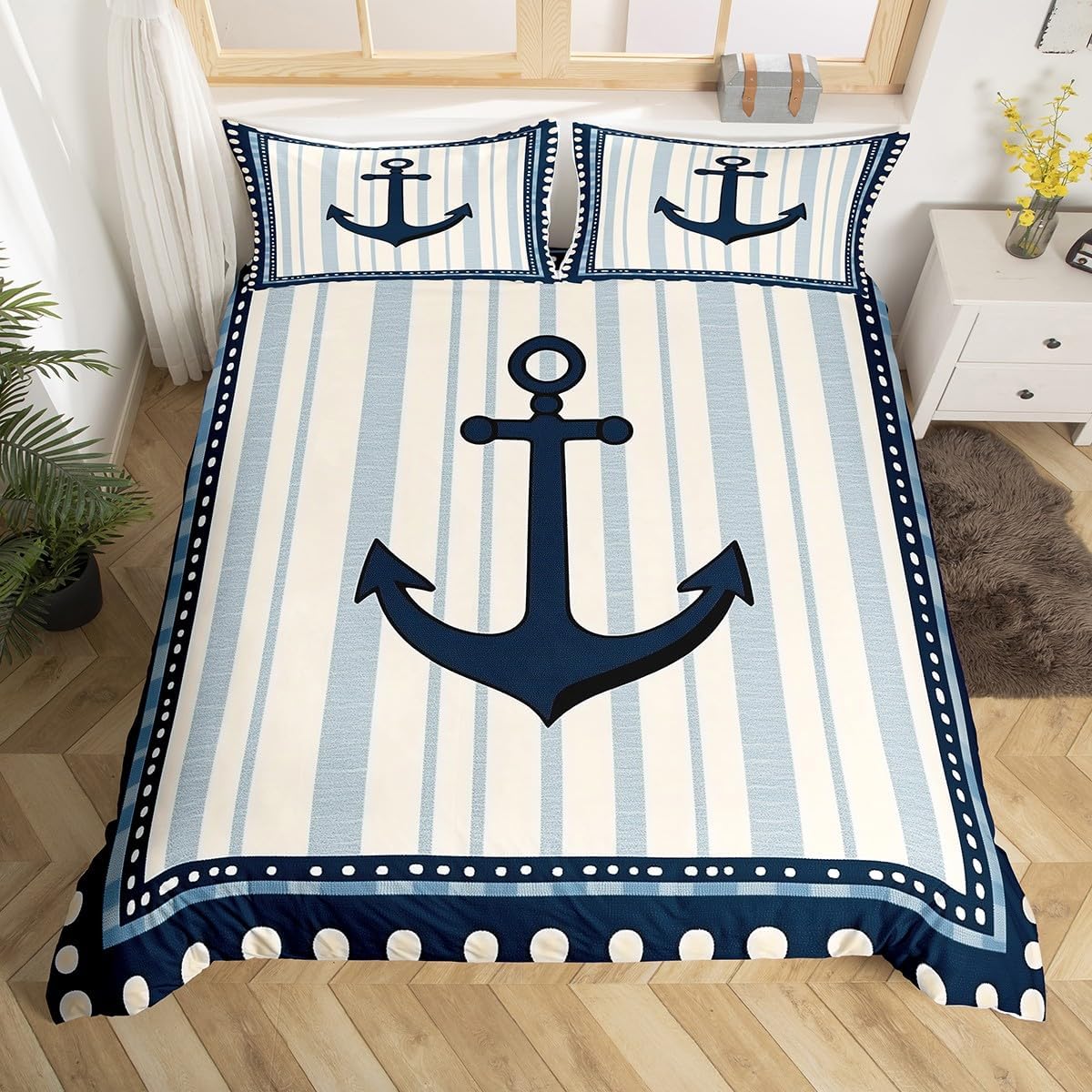 Anchor Duvet Cover Set Toddler Size,Geometric Stripes Polka Dots Patchwork Bedding Set,Boys Girls Room Decor,Ocean Nautical Adventure Comforter Cover,Blue Beige Quilt Cover,1 Pillowcase(No Filler)