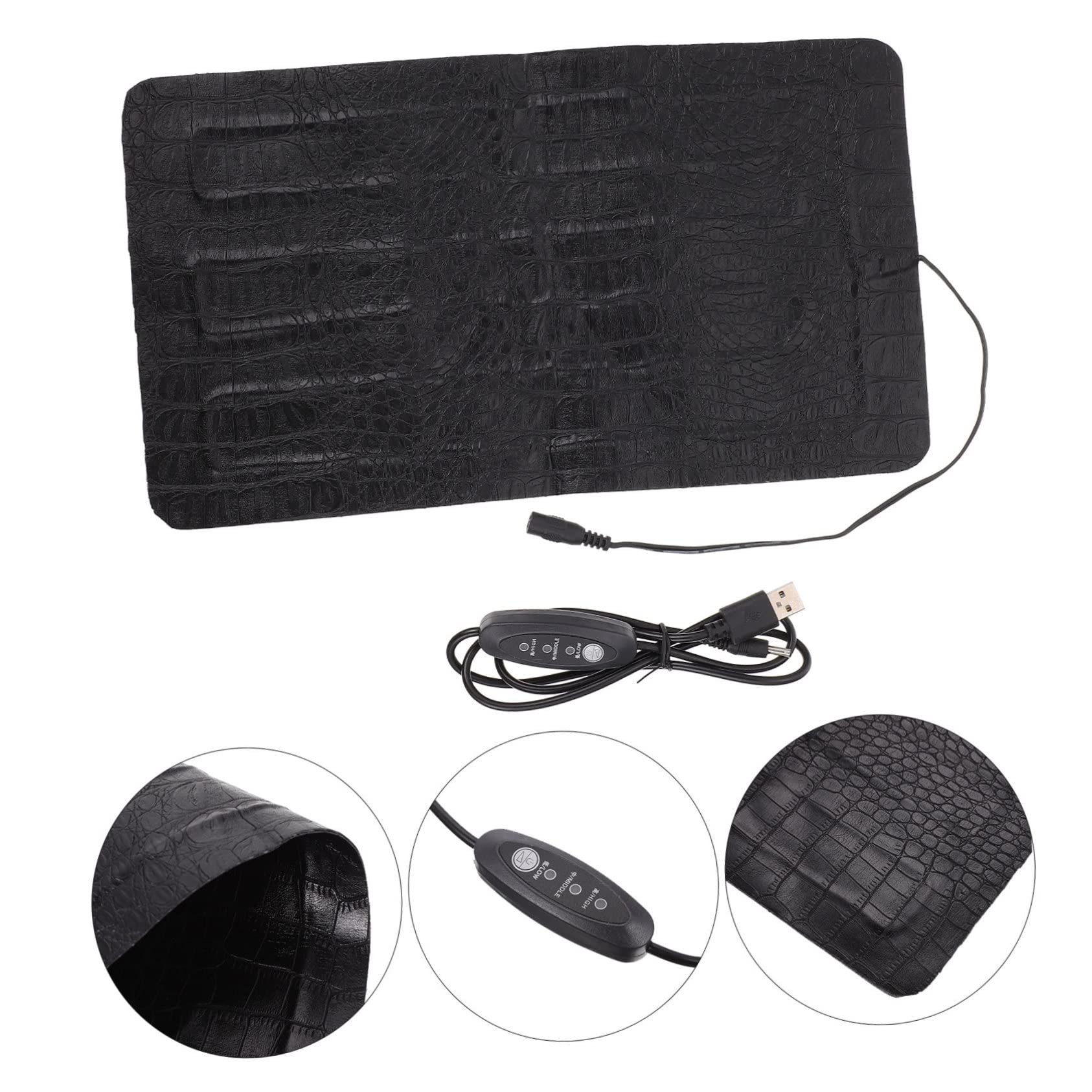 Yardwe Alfombra Calefactable Eléctrica para Reptiles y Mascotas Pequeñas, Regulación USB de 3 Niveles, Material Cuero Negro, Adecuado para Terrarios y Uso en Exteriores