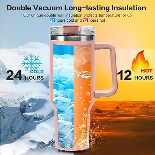 Miniatura 7 de Vaso de 40 onzas con asa y tapa con pajilla, vaso aislado de acero inoxidable, taza de viaje, para bebidas calientes y frías, taza de café de viaje
