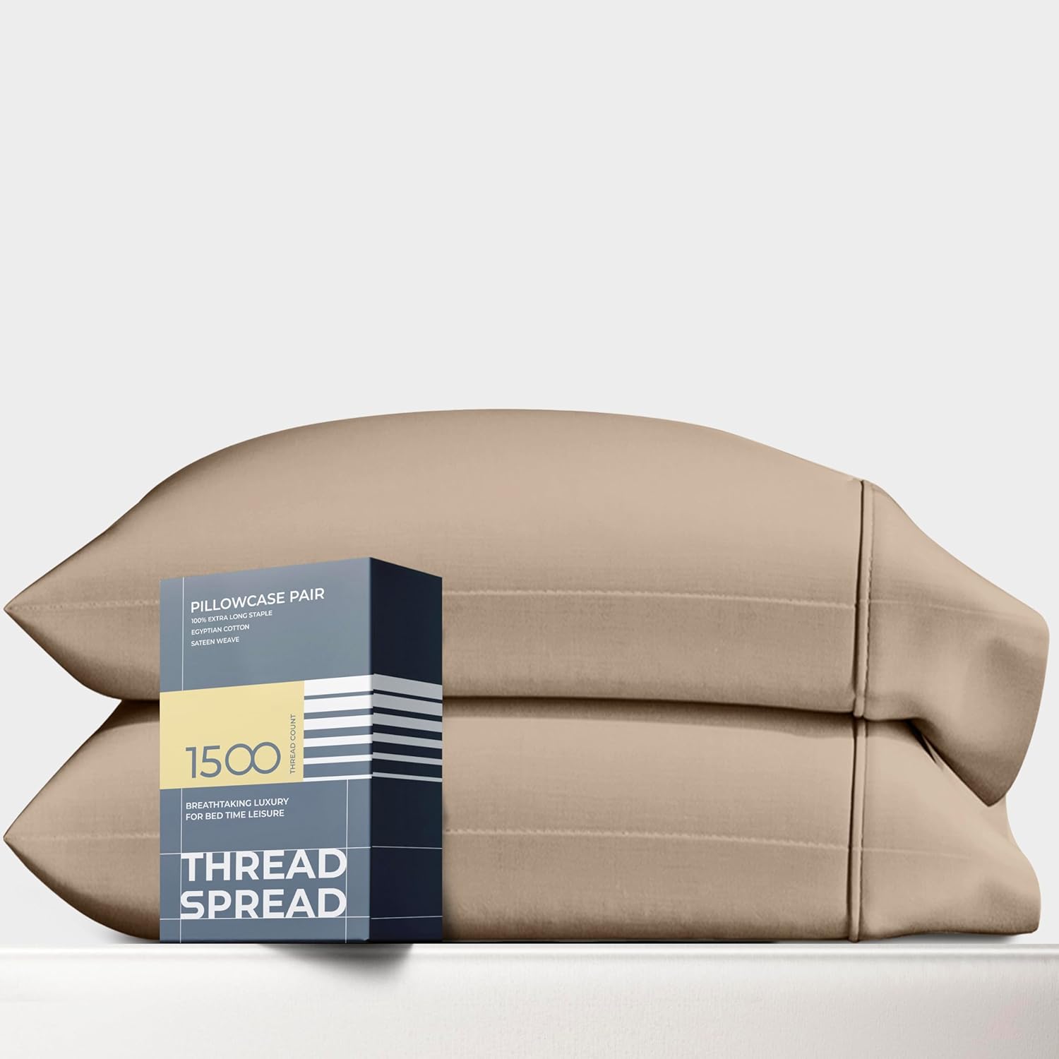 Thread Spread 100% Egyptian Cotton Pillow Cases Standard/Queen Size Set of 2 - Luxury 1500 Thread Count Sateen Taupe Pillow Cases, Silky Soft Cotton Pillowcases Fits Standard & Queen Pillows