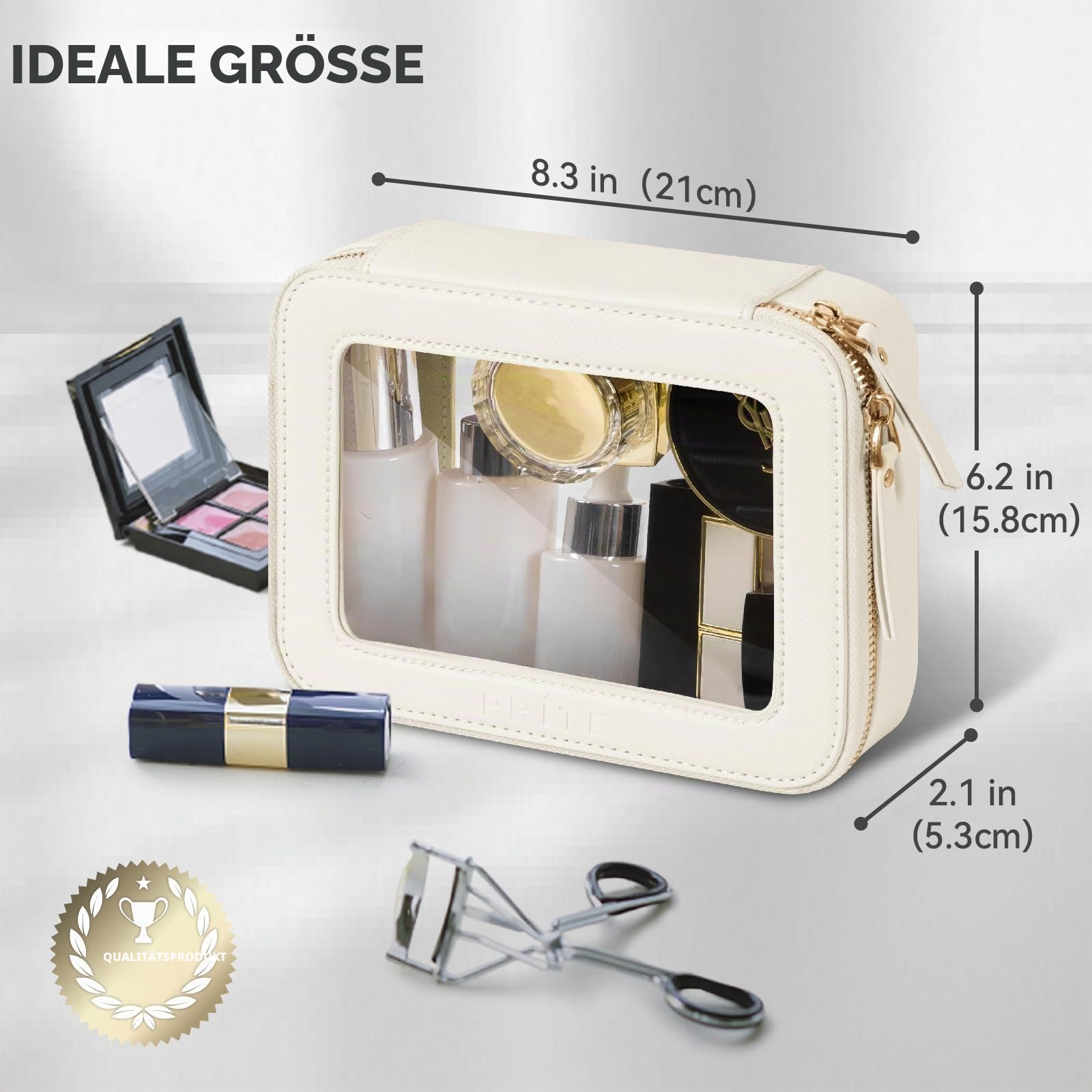 Prite Transparent Kosmetiktasche Reise Kulturtasche, Beige, Standard | Make Up Tasche, Drei Größen, Wasserabweisend, TSA-zugelassen, Durchsichtig PVC, Veganes Leder, Geschenkbox-Verpackung