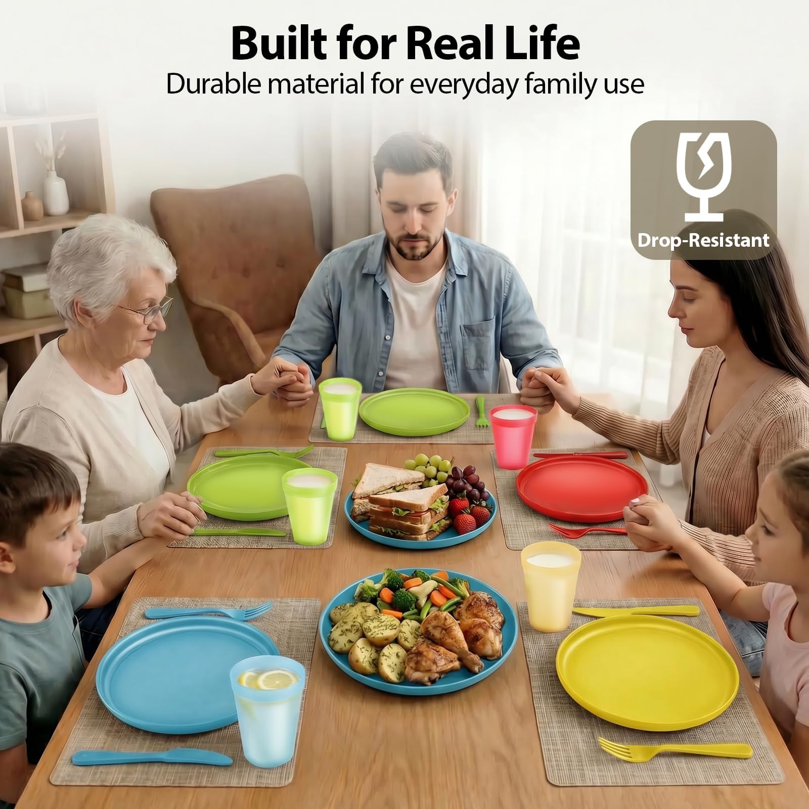 Juego de vajilla de plástico de cocina de 40 piezas, servicio para 8, juego de platos irrompibles – plato de cena/plato de postre/cuenco/taza/tenedor/cuchillo/cuchara, para artículos esenciales