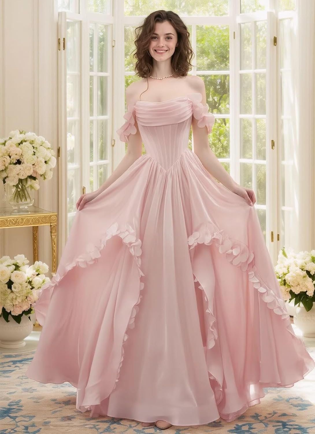 Corset Organza Prom Dresses 2026 3D Flower Off The Shoulder Ball Gown A-Line Ruched Sweet Formal Foral Evening Gown - Image 2