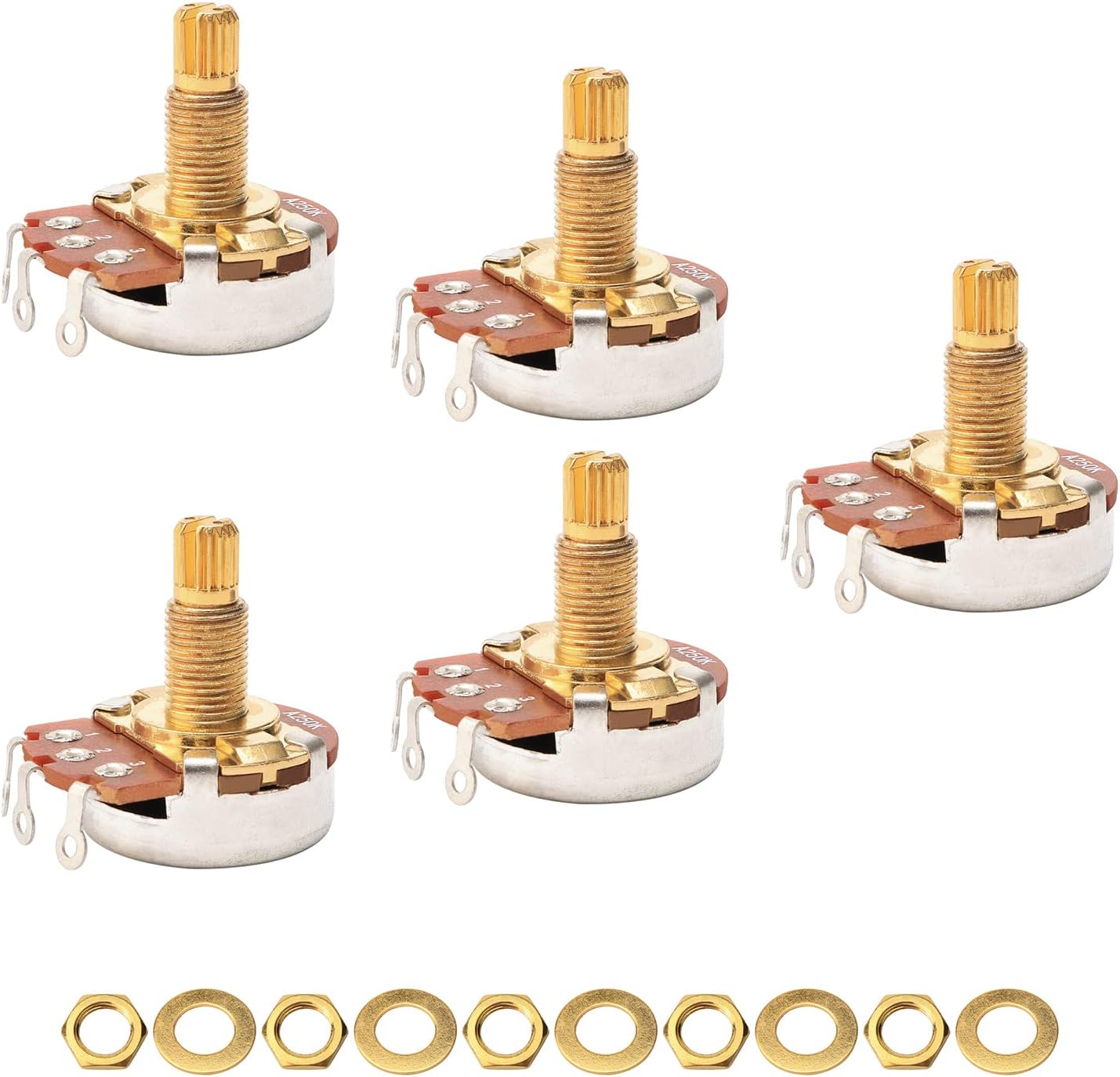 A250k Electric Guitar Bass Potentiometer, Gold, Pack of 5 | Long Split Shaft, Volume Tone Pots, Split Shaft Taper