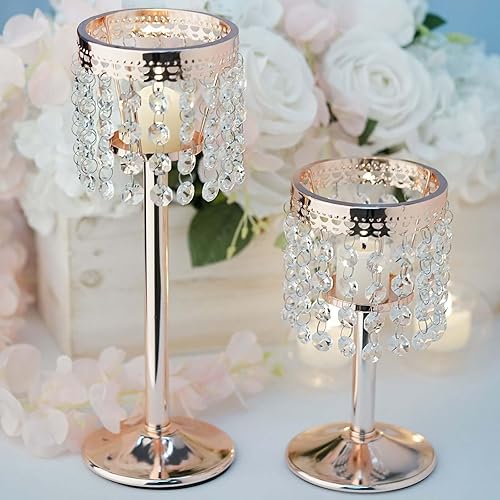 Miniatura 2 de Efavormart - Candelabro votivo con cuentas de cristal de oro rosa de 12 pulgadas, soporte de vela de metal