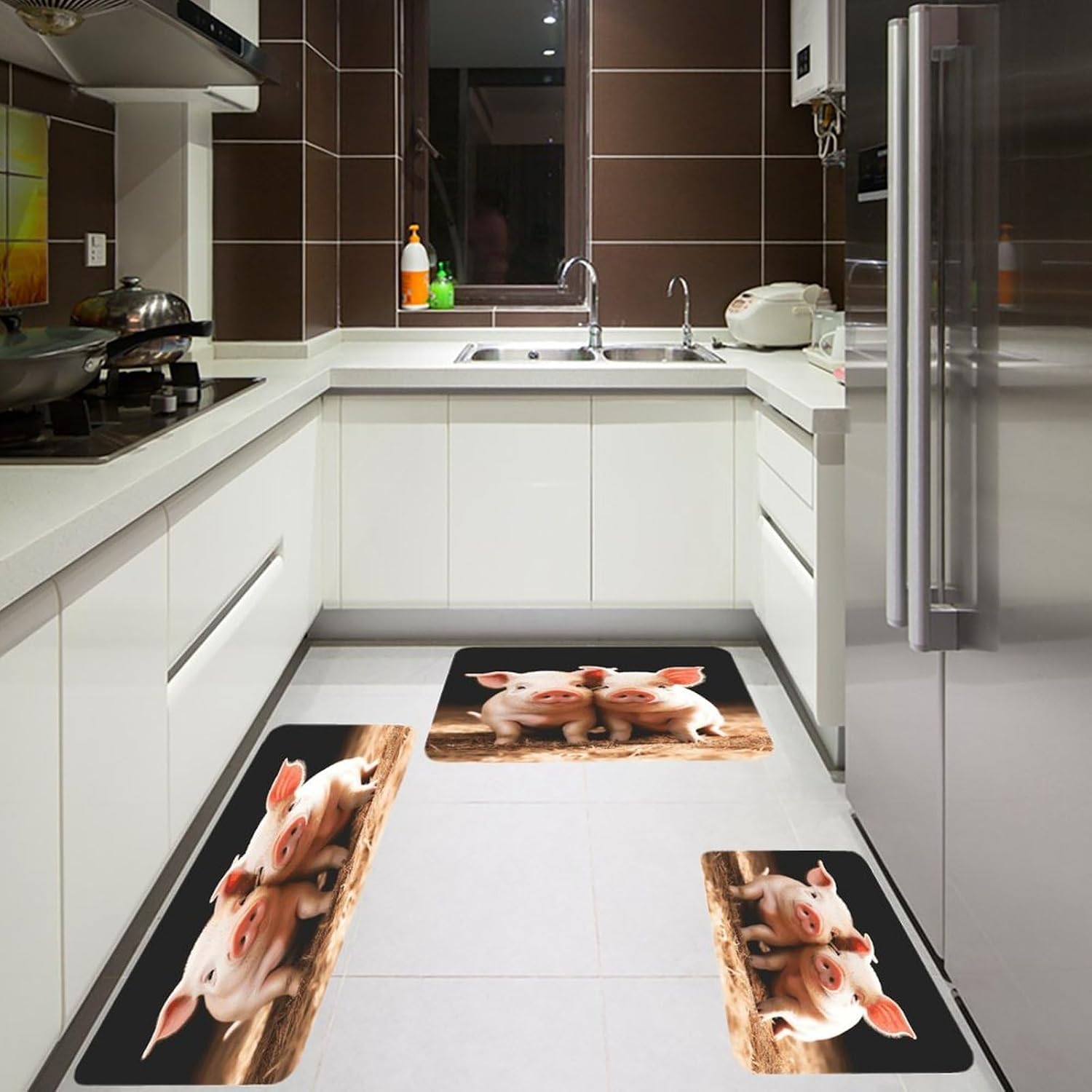 Cute Pigs Kitchen Rugs Sets of 3 Washable Non Slip Kitchen Rug Water Resistant Carpet Piece Anti Fatigue Kitchen Mats Soft Comfort Standing Mat Modern Area Rug