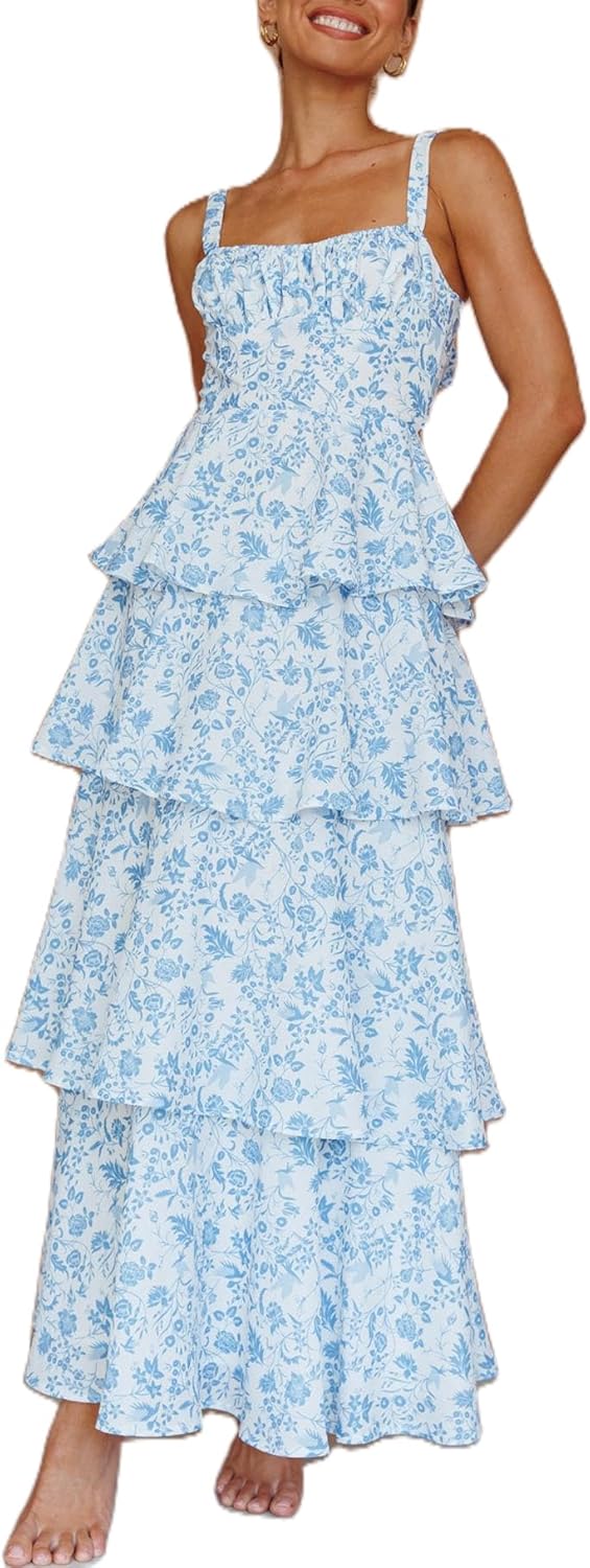 Women Y2k Boho Maxi Dress Y2k Floral Spaghetti Strap Long Dress Flowy Layered Sundress Going Out Beachwear