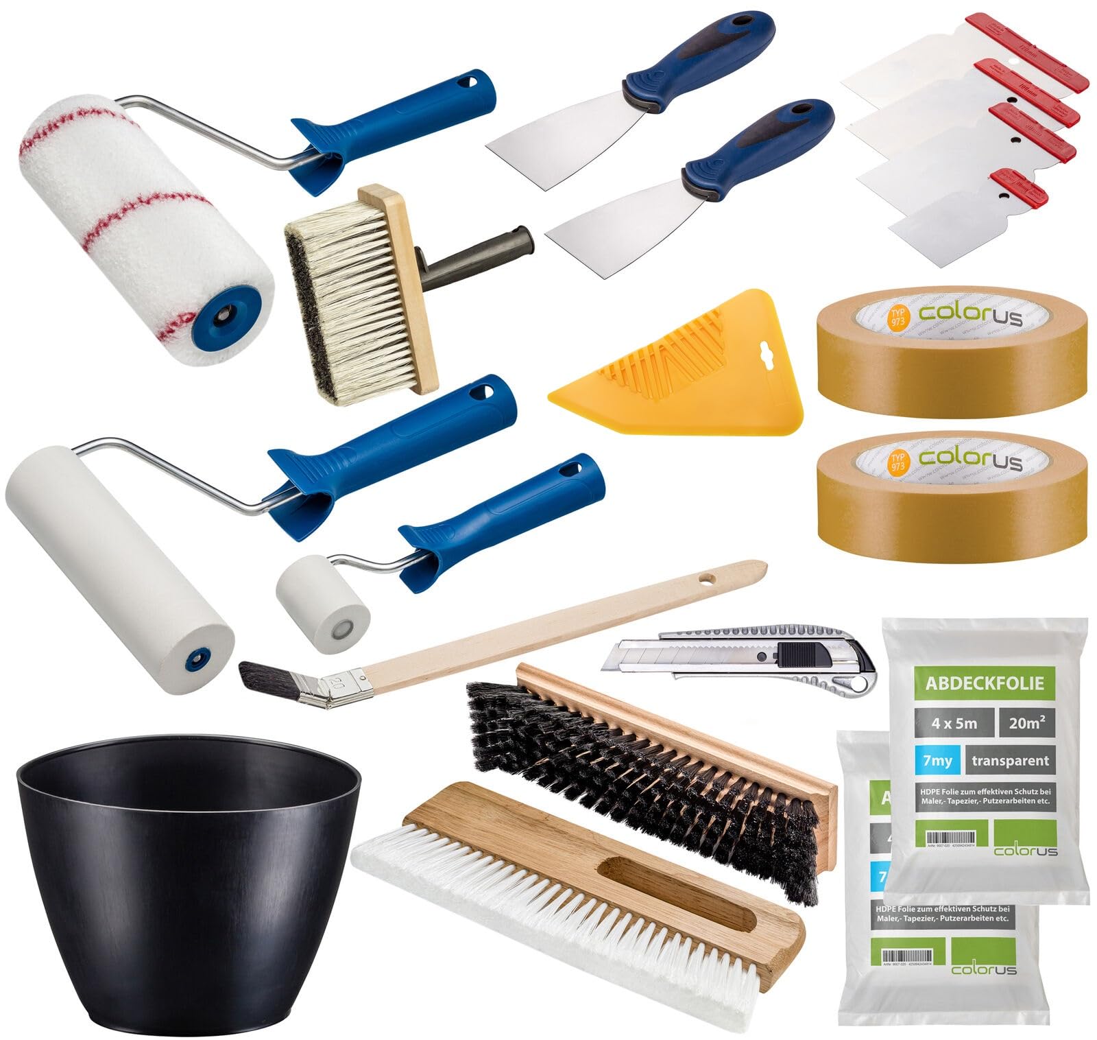 Colorus Profi Tapezier Set 17-teilig | Tapezierwerkzeug Set für Vliestapete Renovierungsset | Cuttermesser Andrückroller Tapezierbürste Deckenbürste Kleisterwalze | Malerwerkzeug Malerbedarf