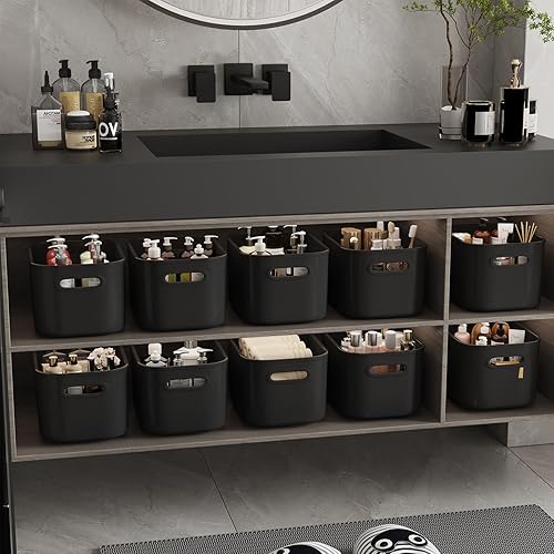Miniatura 4 de Paquete de 10 contenedores de almacenamiento de plástico negro, contenedores de almacenamiento para organizar, cajas de almacenamiento con asa para