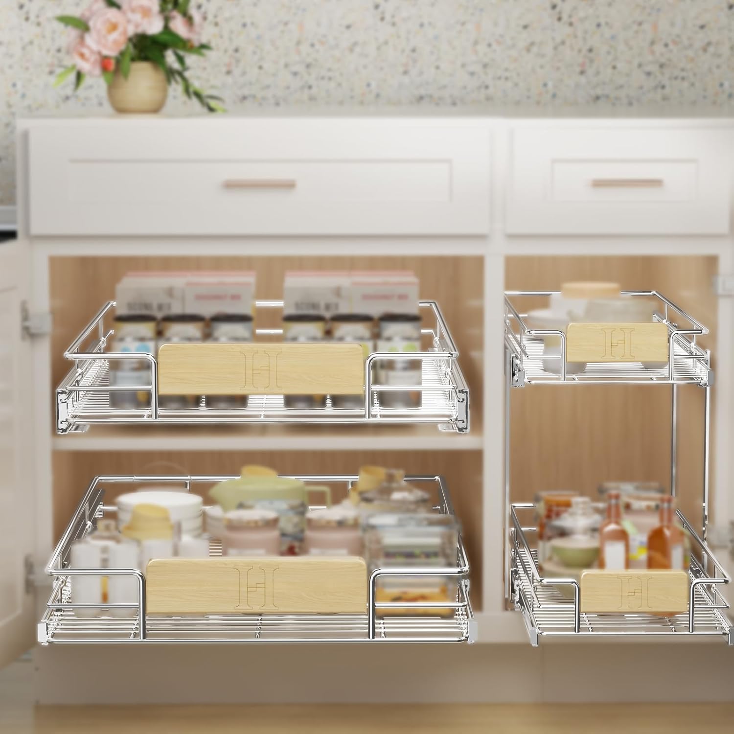 Multiple LOVMOR pull out organizers in kitchen cabinets