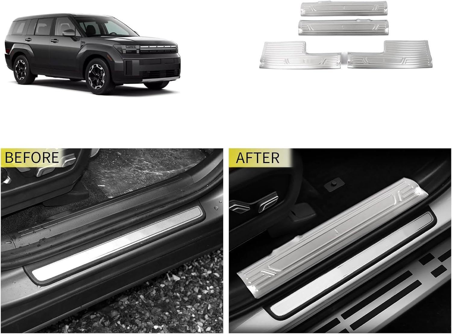 Entry Guards Cover Compatible with Hyundai Santa Fe 2024 2025 2026 Inner Door Sills Anti-Dirty Scuff Plate Cover Interior Car Accessories Stainless Steel 4PC(Silver)