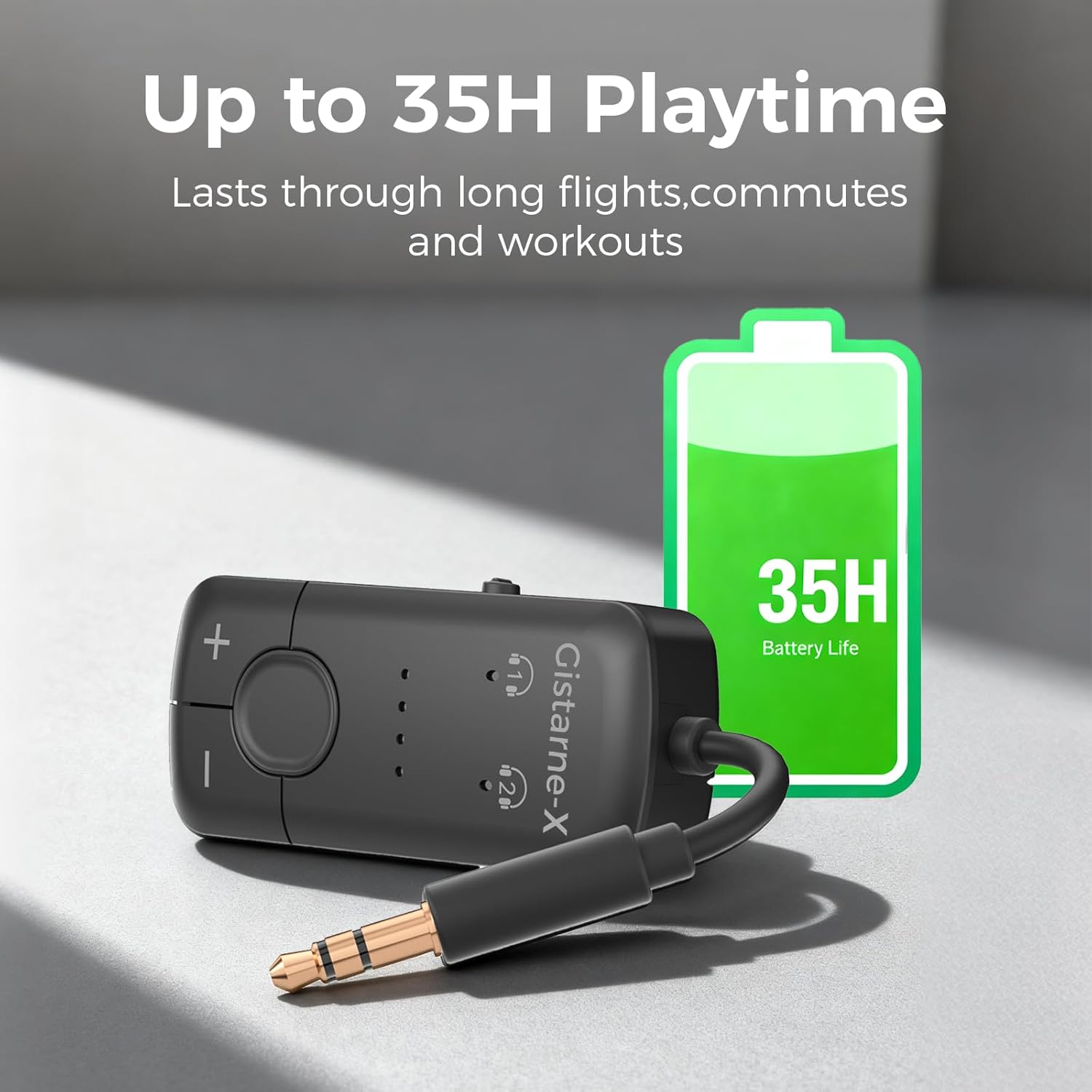 Bluetooth 5.3 Audio Transmitter with Qualcomm aptX Adaptive, Dual Device Support, 35Hr Battery Life, 3.5mm AUX for Travel, Flight, Gym