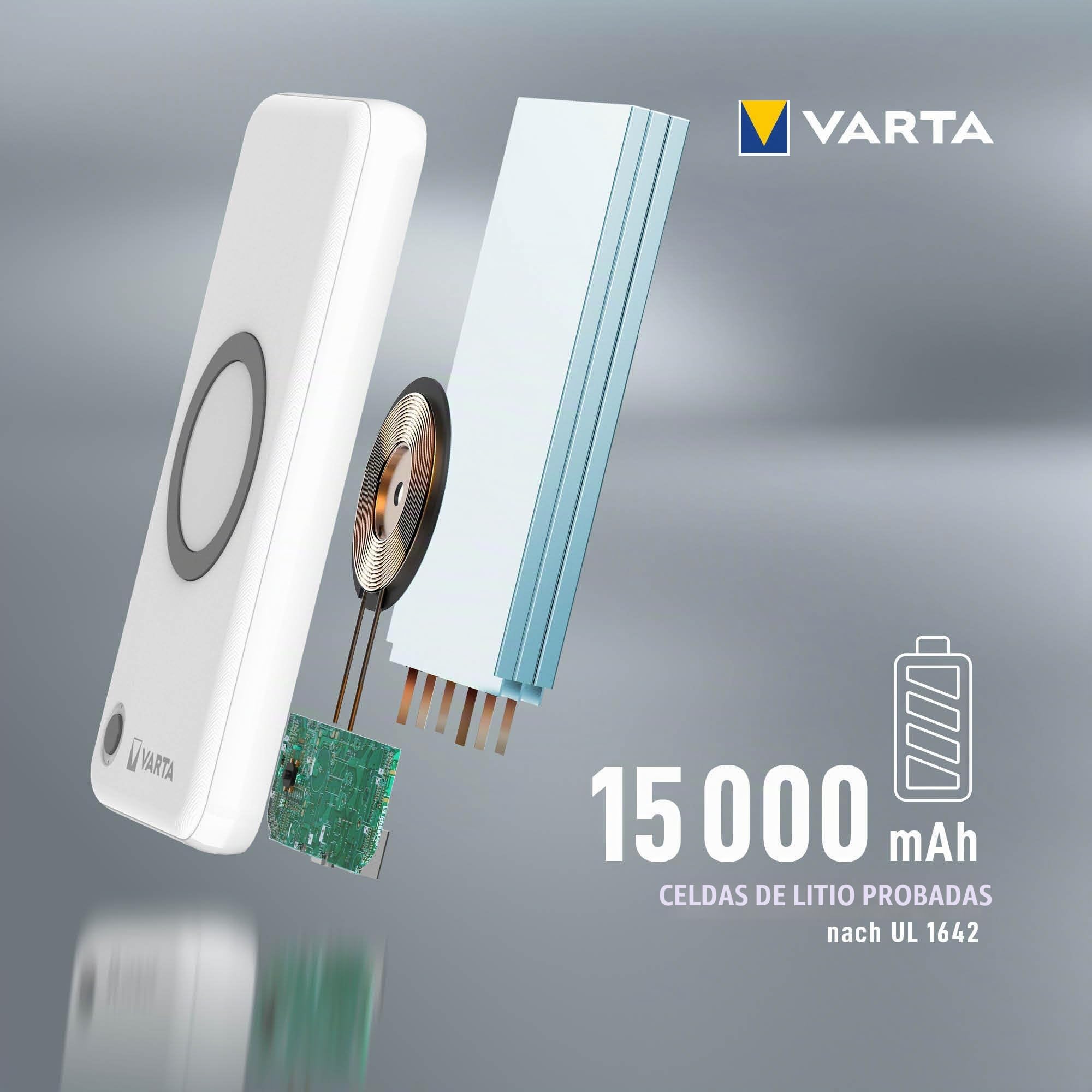 VARTA Wireless Power Bank 15000 mAh, 20 W Fast Charging, USB C PD | power bank 2 en 1 y cargador inalámbrico, Quick Charge, carga inalámbrica, cargador portátil para hasta 4 dispositivos
