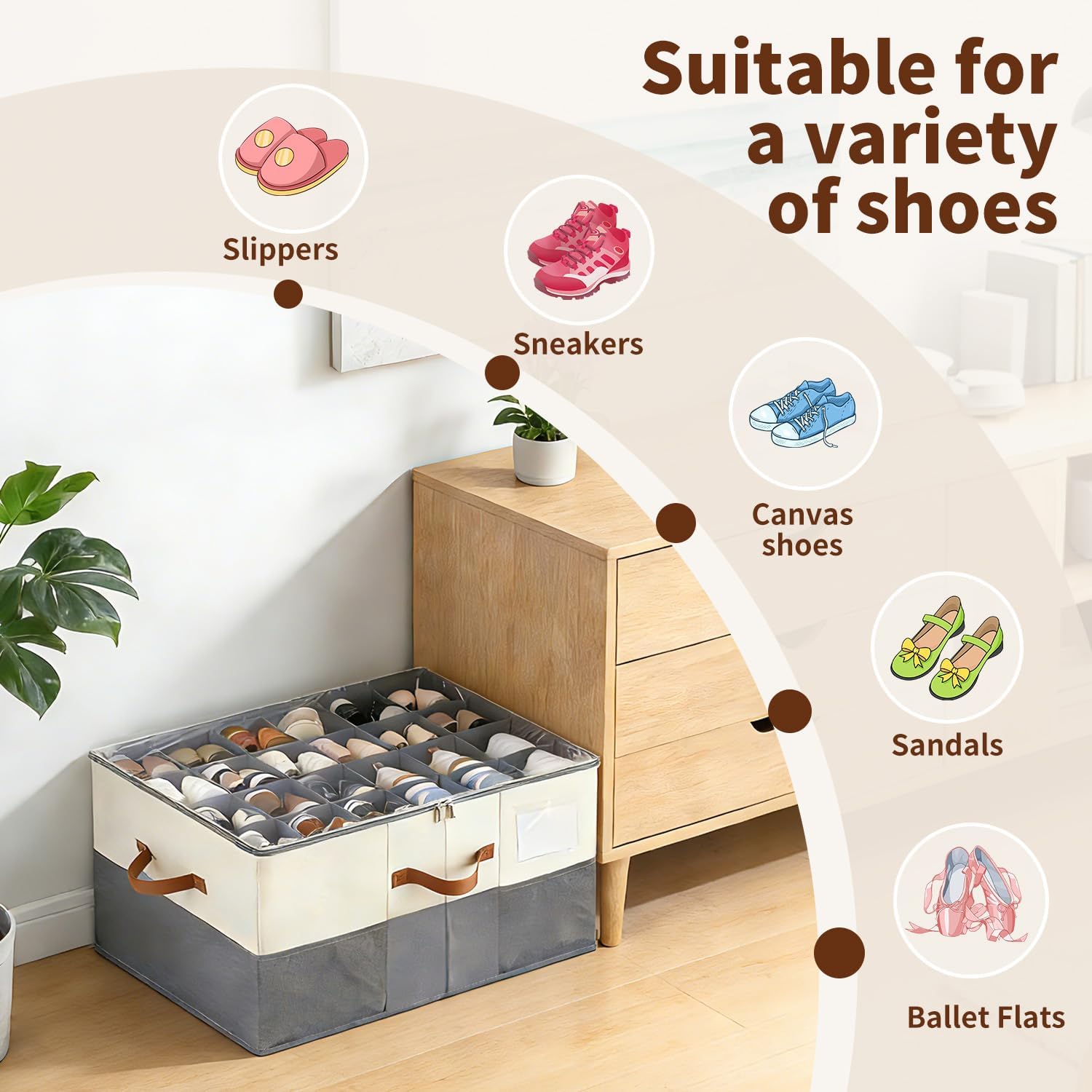 1 Pack Shoe Organizer for Closet Fit 12-24 Pairs with Adjustable Dividers, Large Foldable Shoe Storage Containers Box Bin w with Clear Lid and 4 Handles,with 2 mesh pockets,with Category Lable