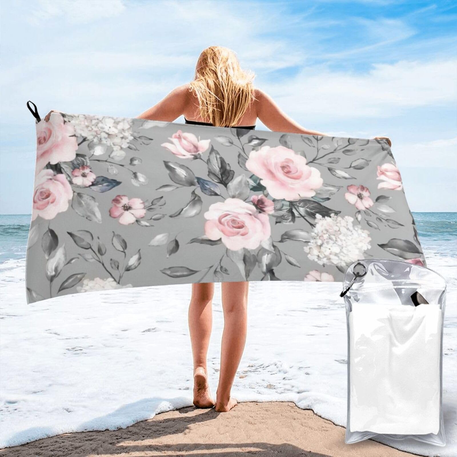 VCzsdff Rose Flowers With Leaves Print Quick Dry Towel Compact Beach Shower Wrap For Camping Fitness