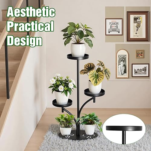 Miniatura 4 de Soporte para plantas de interior de 3 niveles negro, soporte alto de metal para plantas, base resistente en forma de trébol de cuatro hojas, estante