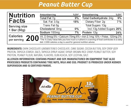 Miniatura 10 de NuGo Moca de chocolate oscuro, 0.39oz de proteína vegana, 200 calorías, sin gluten, 24 unidades
