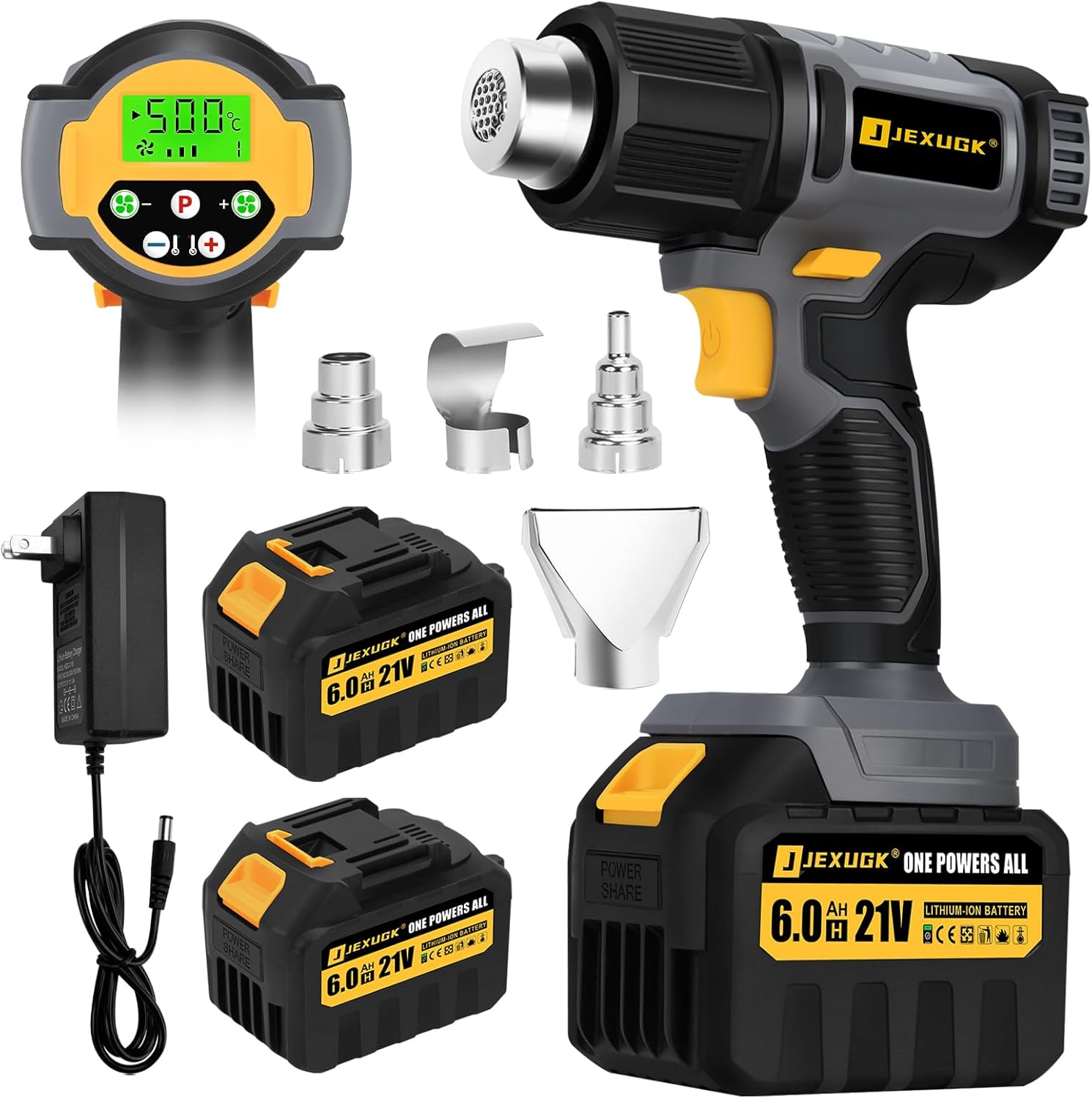 JEXUGK LCD Cordless Heat Gun, Portable Hot Air Gun with 2 x 6.0Ah Battery, Pistola De Calor Inalambrica with 4 Nozzles, 122℉-1022℉ Fast Heating Shrink for Vinyl Wrap, Automotive, Paint Removal