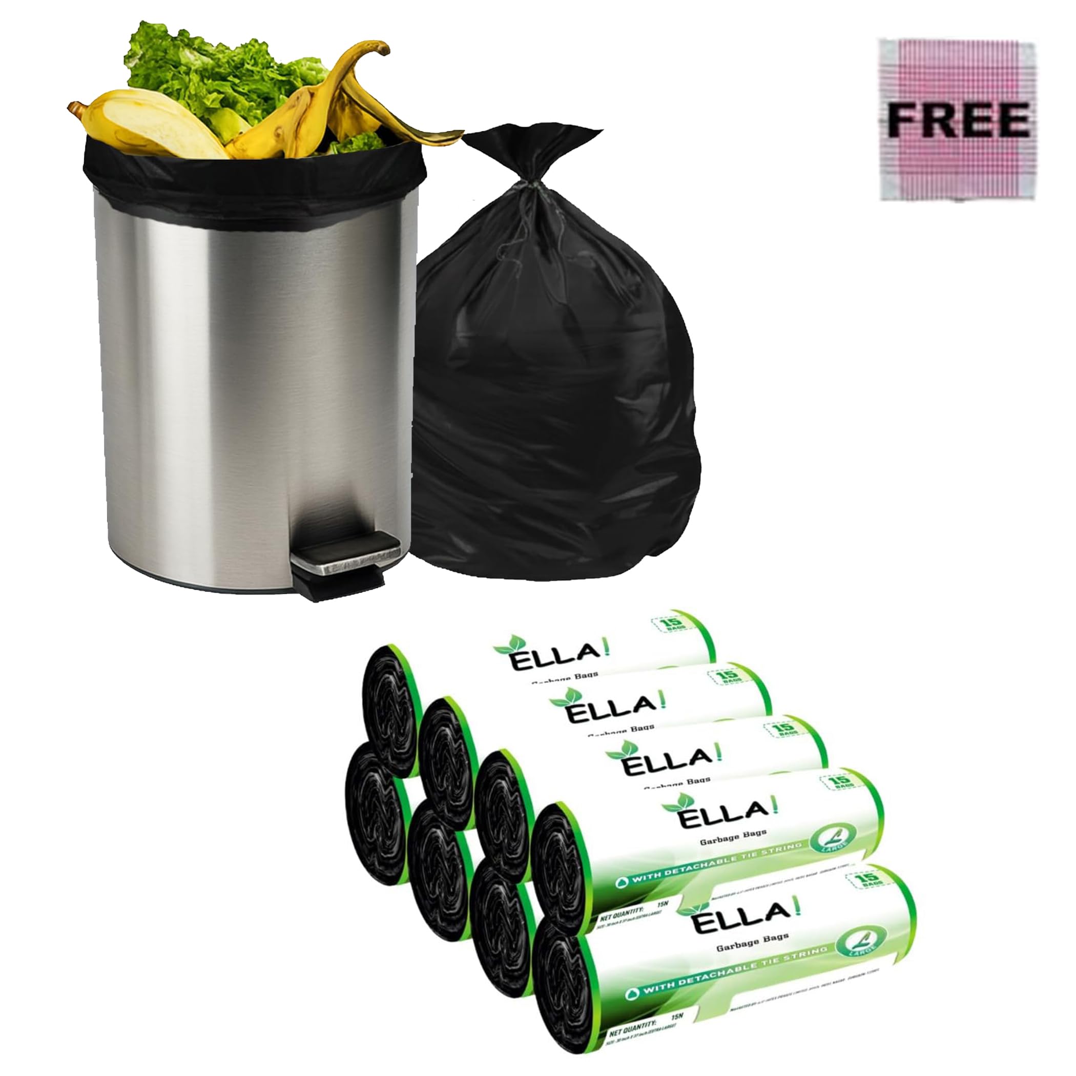 ELLA Garbage Bags 24×32 Inches | 120 Bags (8 Rolls × 15) | Green | Large | Durable Leak-Proof Dustbin Covers for Home, Kitchen, Bathroom & Office | Free Check Duster Cloth
